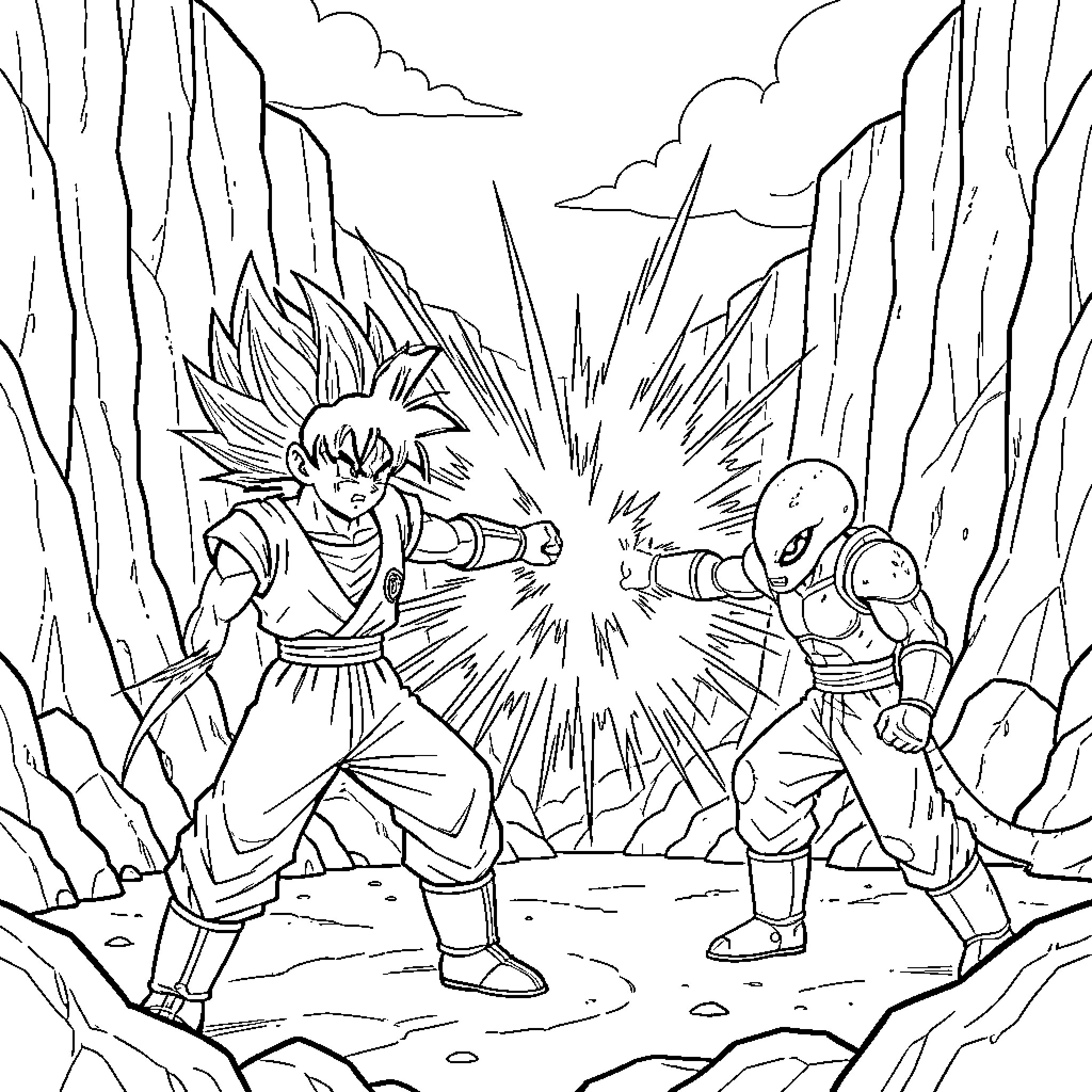 Son Goku in epic battle against alien warrior Coloring Page (free black-and-white line drawing printable PDF for all, from beginners to advanced learners, including children, teens, adults, and seniors)