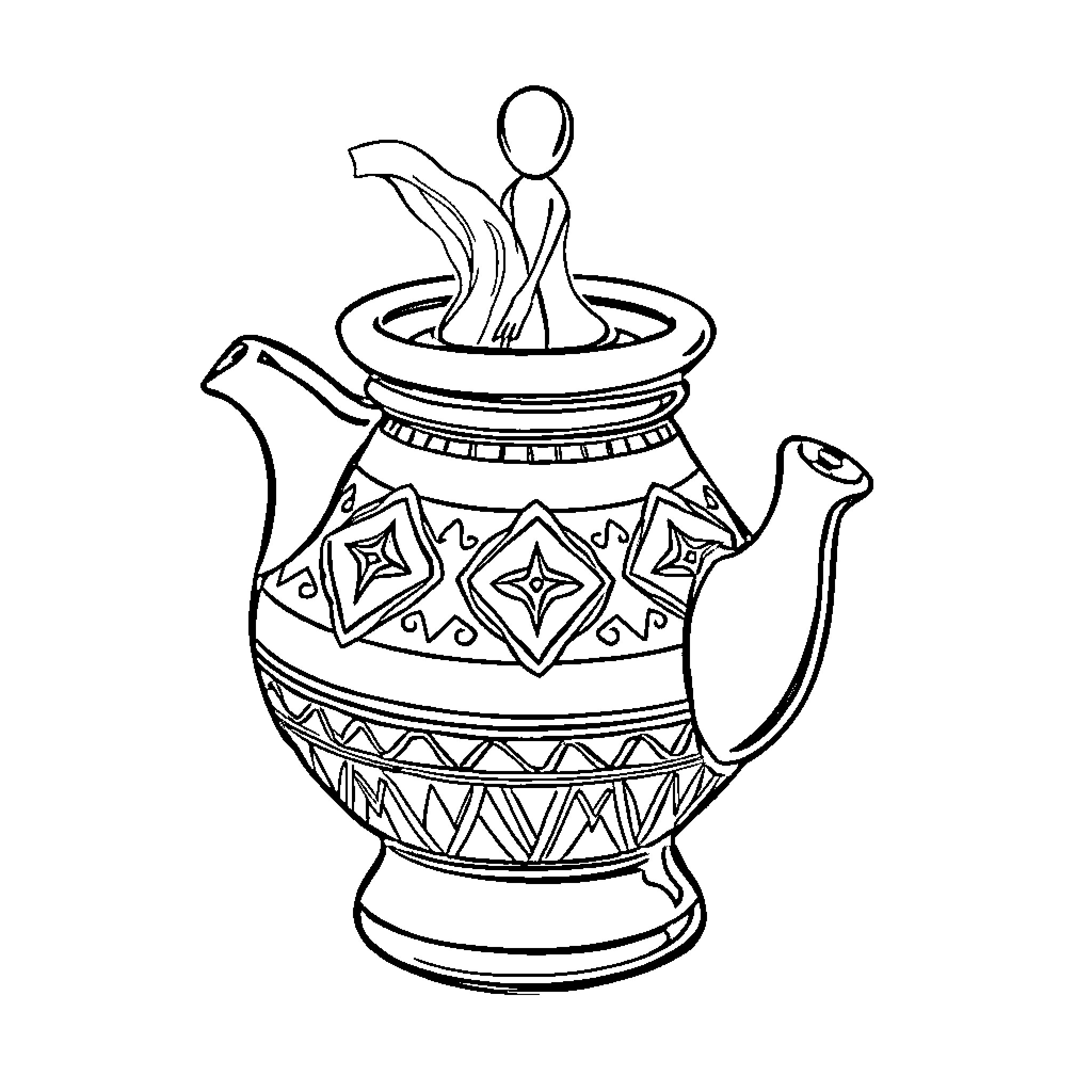Jebena with intricate patterned design Coloring Page (free black-and-white line drawing printable PDF for all, from beginners to advanced learners, including children, teens, adults, and seniors)