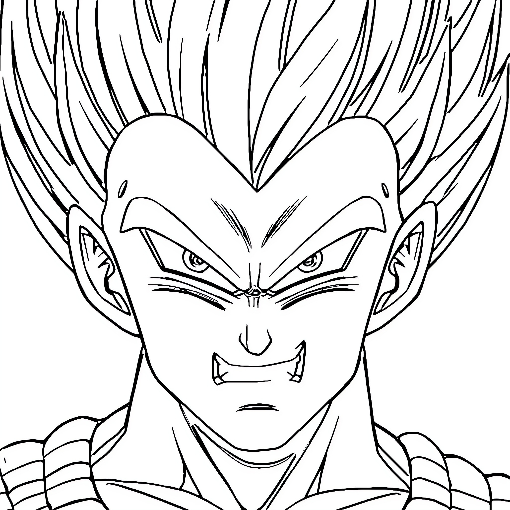 Vegeta's Intense Saiyan Expression Coloring Page (free black-and-white line drawing printable PDF for all, from beginners to advanced learners, including children, teens, adults, and seniors)