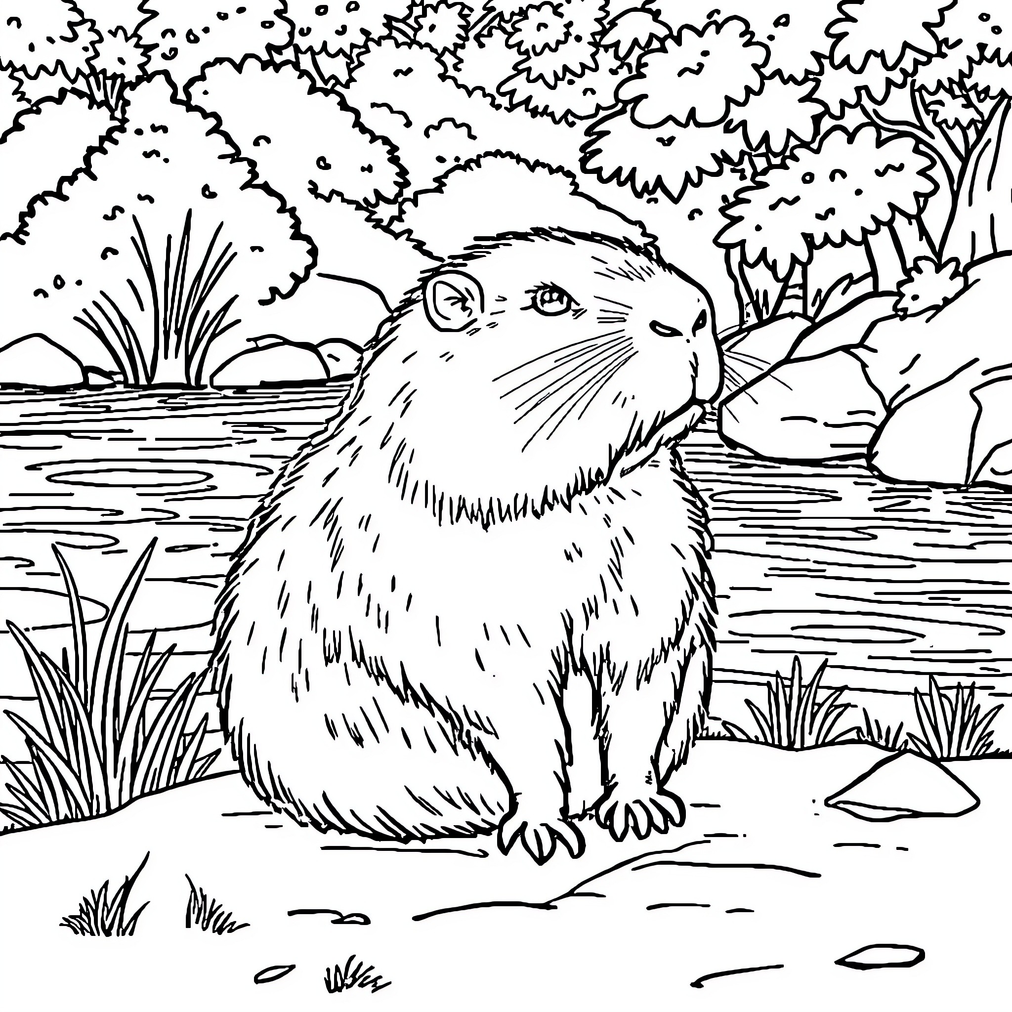 Capybara enjoying peaceful natural surroundings Coloring Page (free black-and-white line drawing printable PDF for all, from beginners to advanced learners, including children, teens, adults, and seniors)