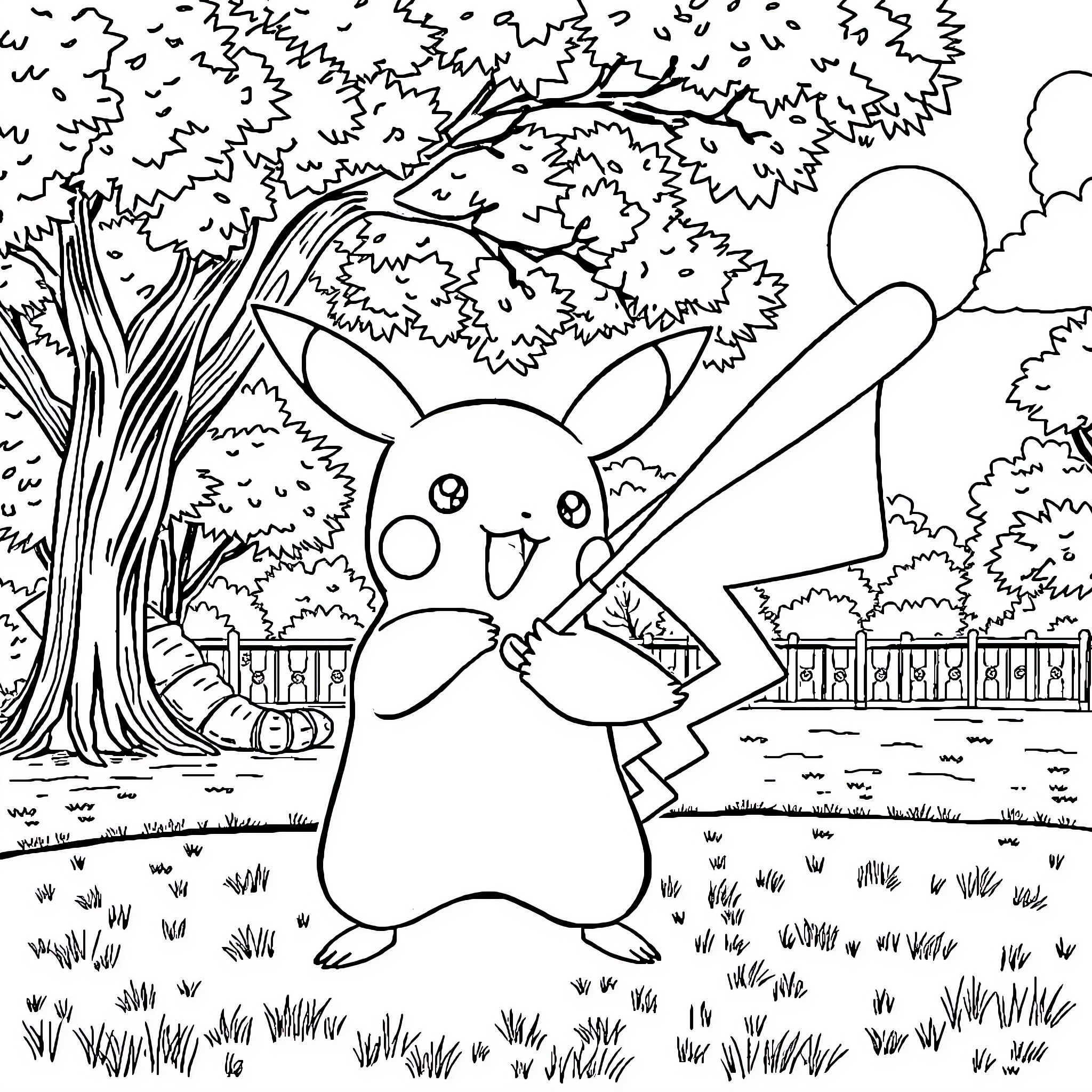 Pikachu enjoying nature in a serene landscape Coloring Page (free black-and-white line drawing printable PDF for all, from beginners to advanced learners, including children, teens, adults, and seniors)