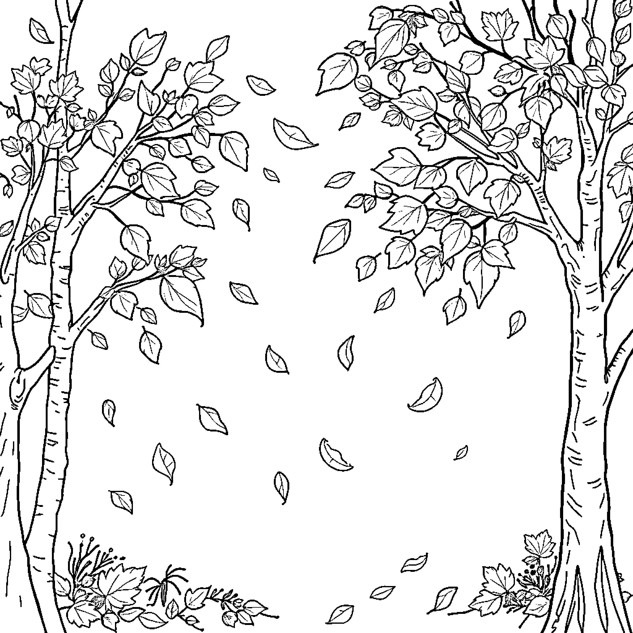 Fall Foliage and Falling Leaves in the Forest Coloring Page (free black-and-white line drawing printable PDF for all, from beginners to advanced learners, including children, teens, adults, and seniors)