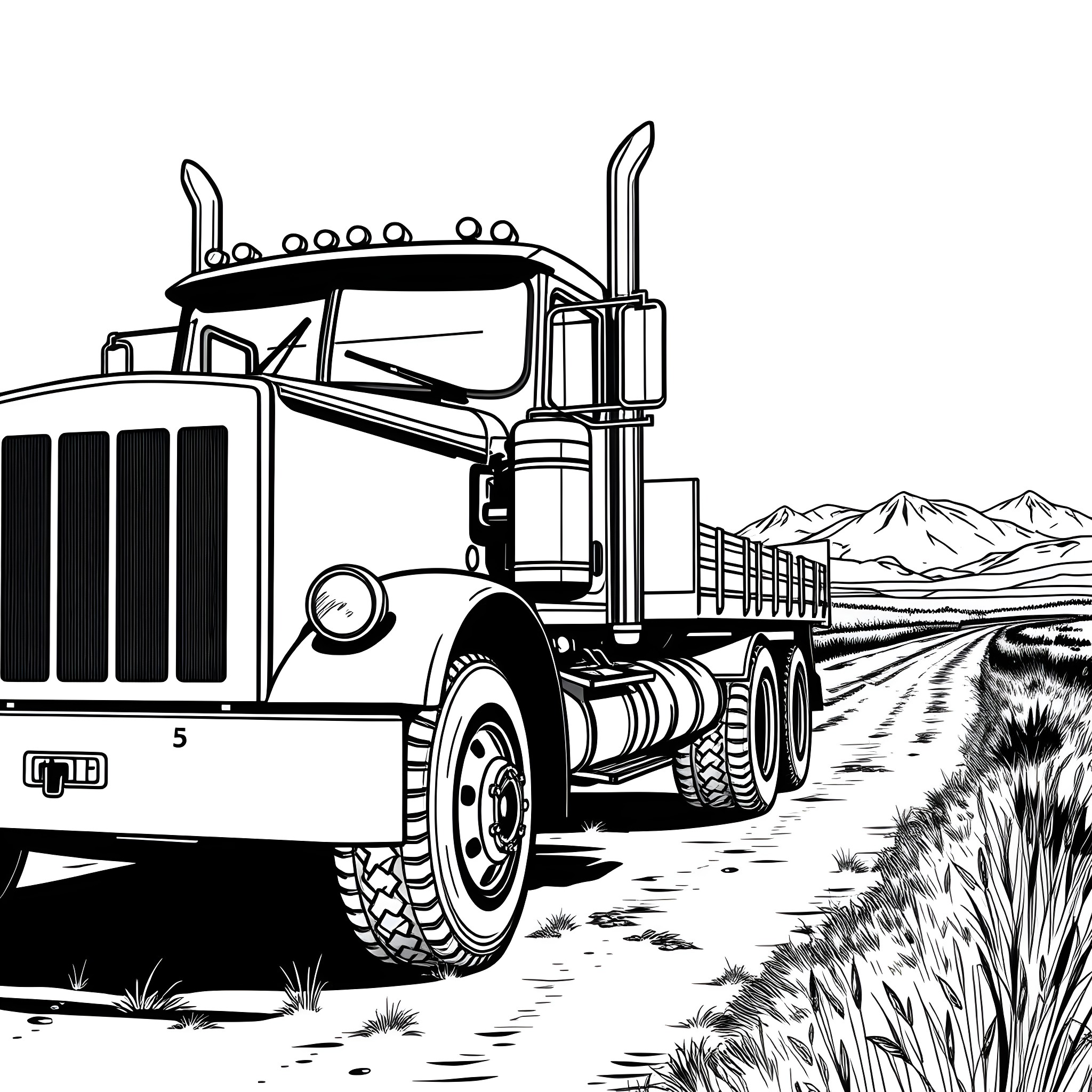 Truck transporting cargo on a rugged mountain road Coloring Page (free black-and-white line drawing printable PDF for all, from beginners to advanced learners, including children, teens, adults, and seniors)