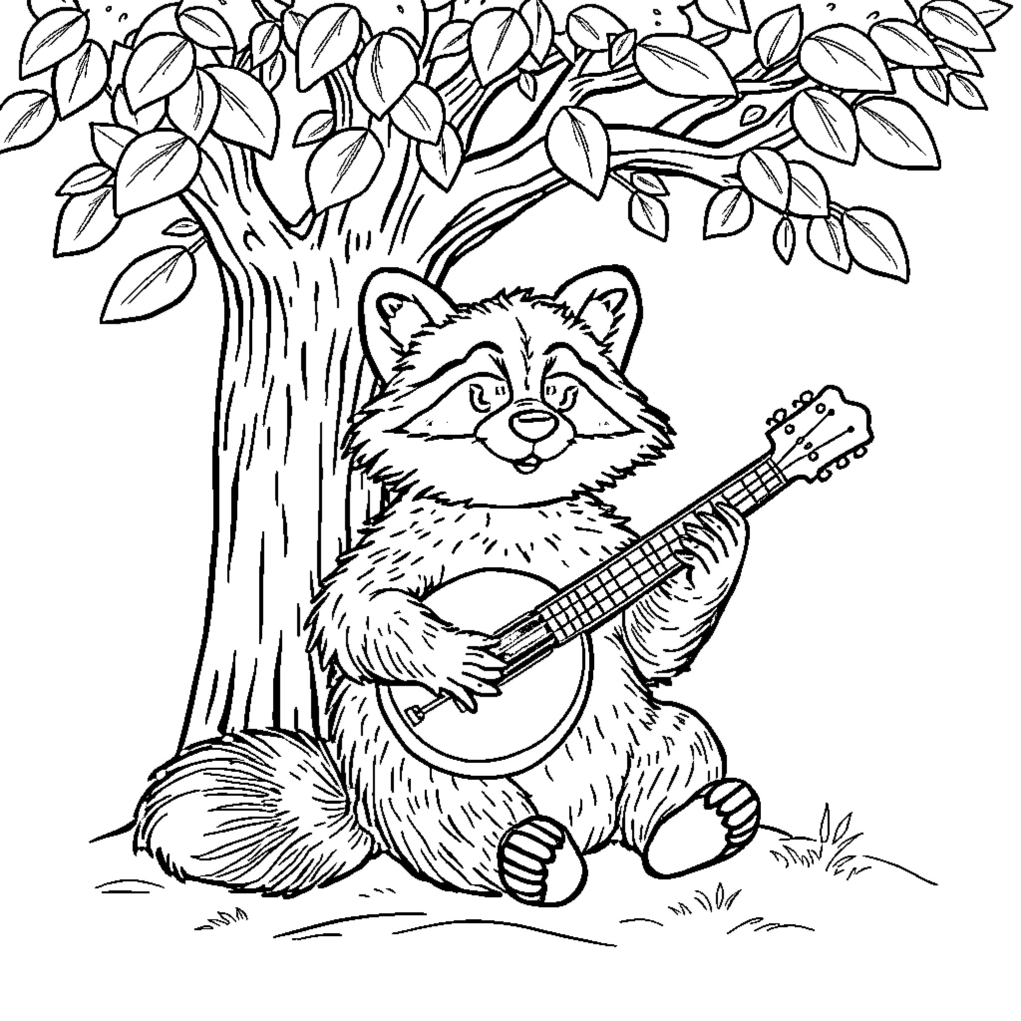Raccoon playing guitar under a tree Coloring Page (free black-and-white line drawing printable PDF for all, from beginners to advanced learners, including children, teens, adults, and seniors)