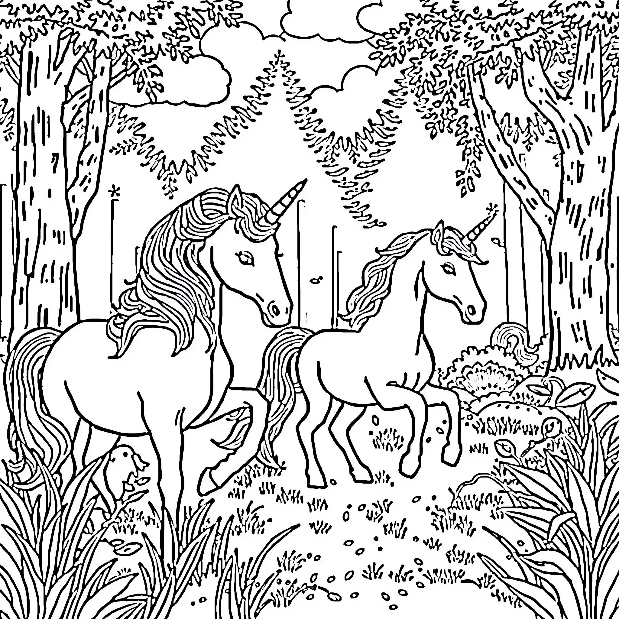 Unicorn Companions Roaming the Enchanted Forest Coloring Page (free black-and-white line drawing printable PDF for all, from beginners to advanced learners, including children, teens, adults, and seniors)