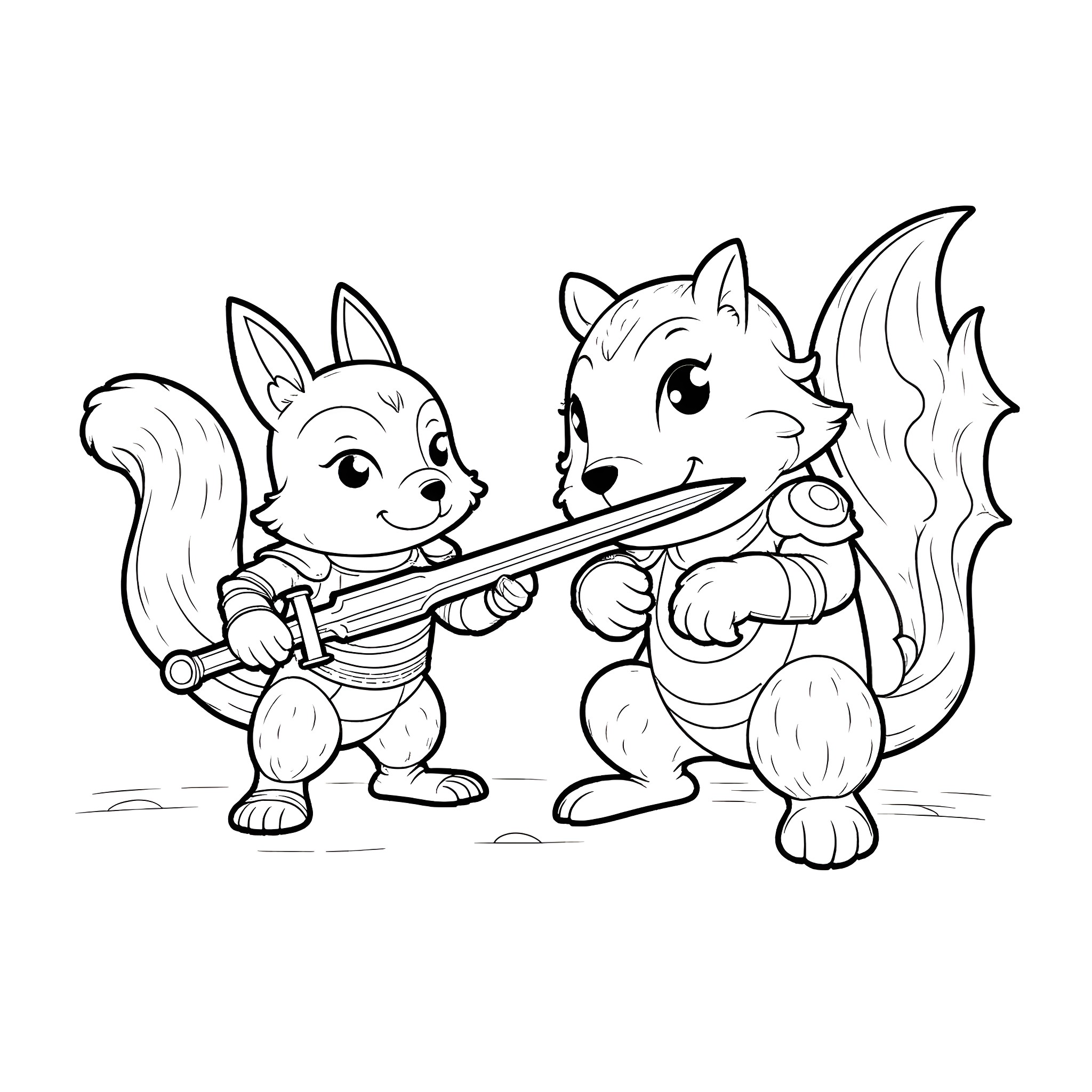 Squirrels playing with stick in the park Coloring Page (free black-and-white line drawing printable PDF for all, from beginners to advanced learners, including children, teens, adults, and seniors)