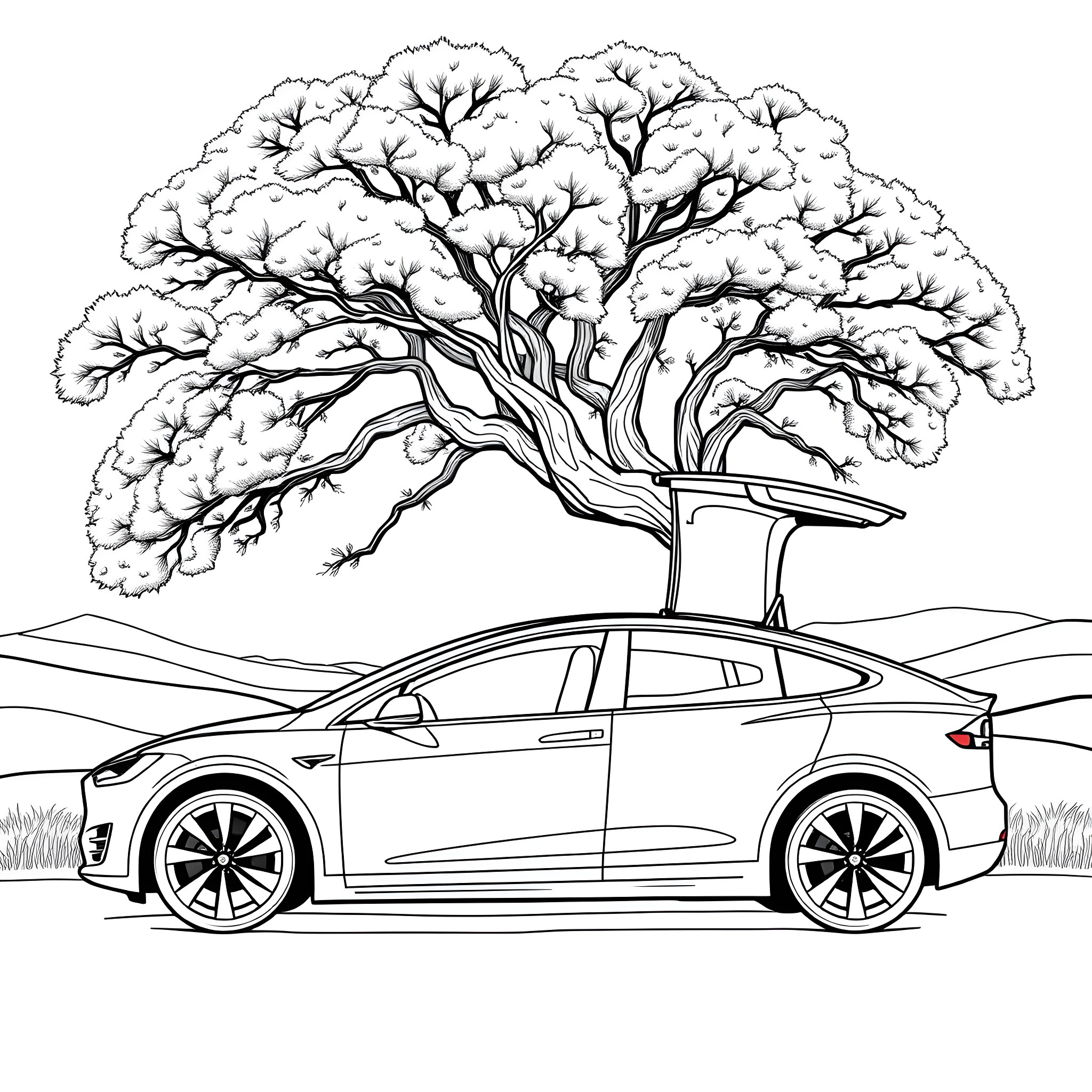 Tesla Model X under a snowy tree Coloring Page (free black-and-white line drawing printable PDF for all, from beginners to advanced learners, including children, teens, adults, and seniors)