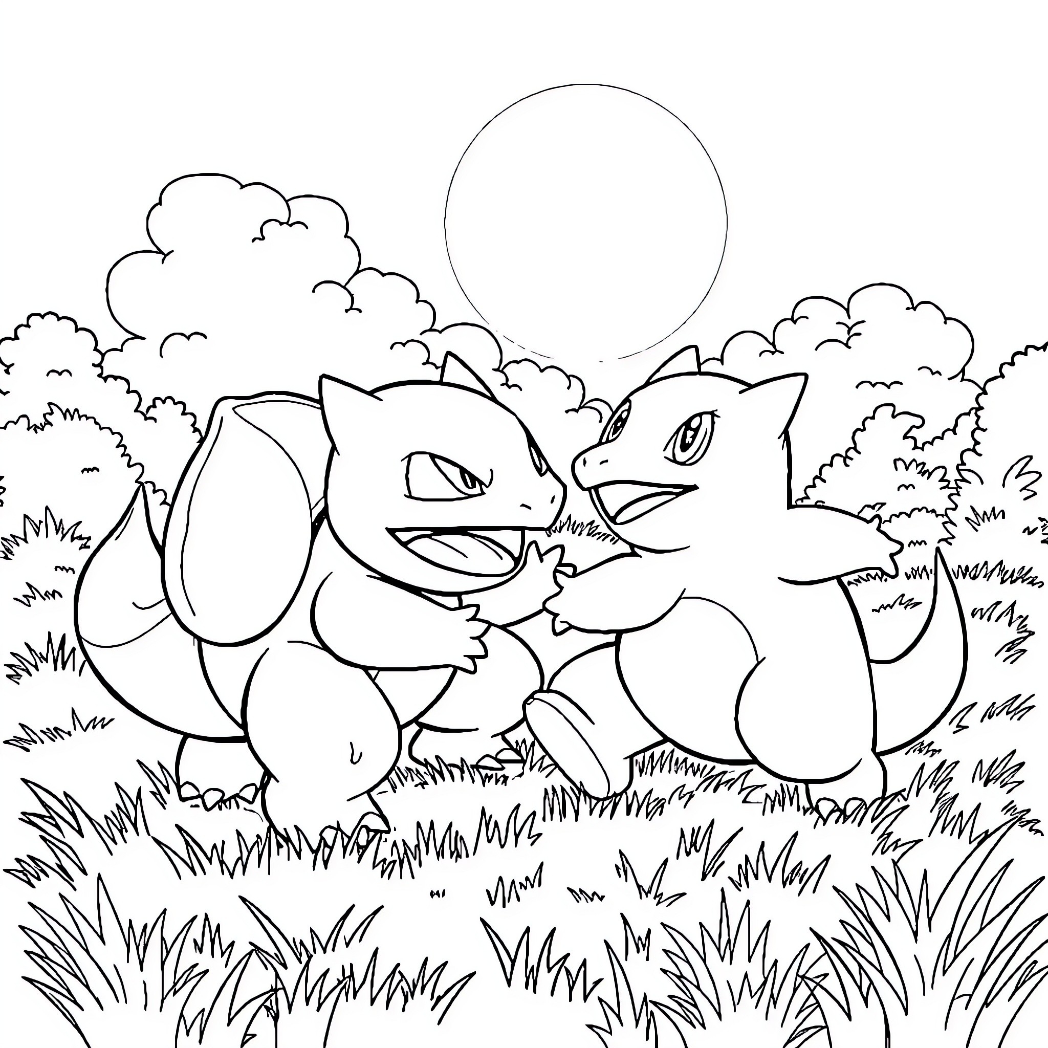Bulbasaur enjoying a playful moment in nature Coloring Page (free black-and-white line drawing printable PDF for all, from beginners to advanced learners, including children, teens, adults, and seniors)