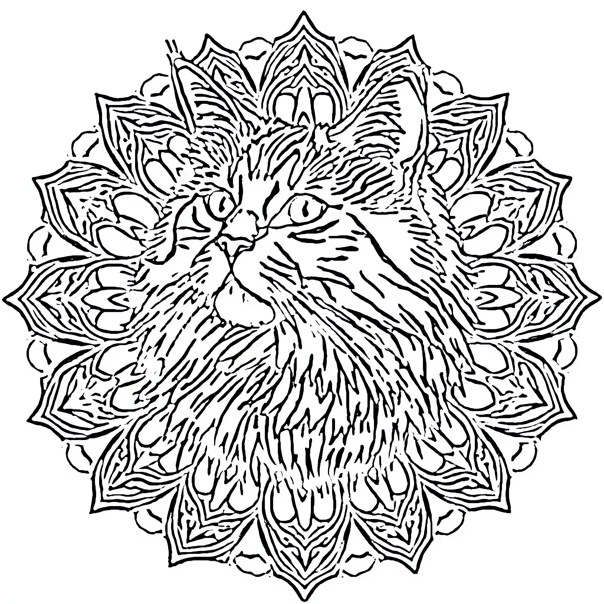 Maine Coon cat in ornate mandala illustration Coloring Page (free black-and-white line drawing printable PDF for all, from beginners to advanced learners, including children, teens, adults, and seniors)