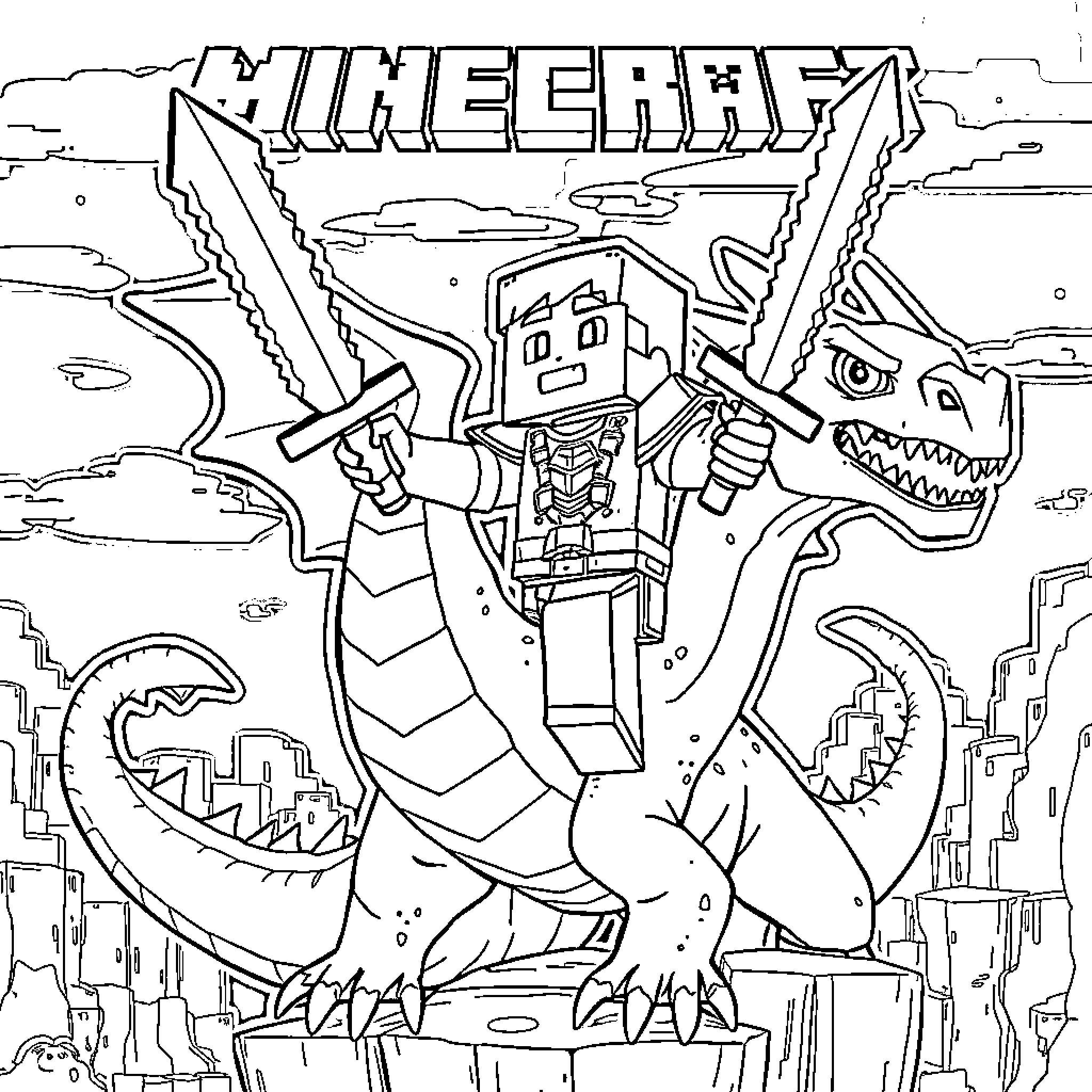 Steve's Minecraft Adventure with Monsters Coloring Page (free black-and-white line drawing printable PDF for all, from beginners to advanced learners, including children, teens, adults, and seniors)