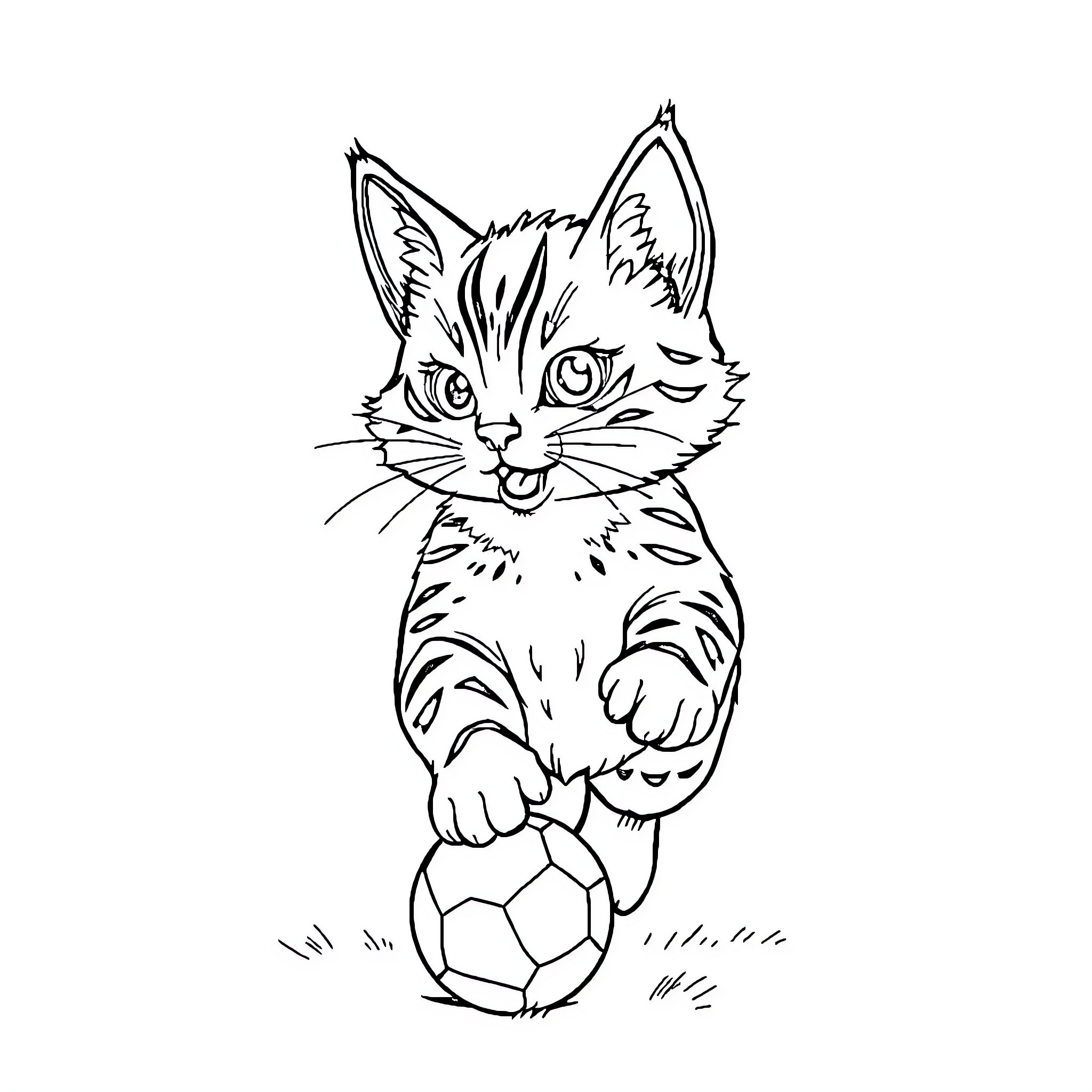 Cat playing with soccer ball Coloring Page (free black-and-white line drawing printable PDF for all, from beginners to advanced learners, including children, teens, adults, and seniors)