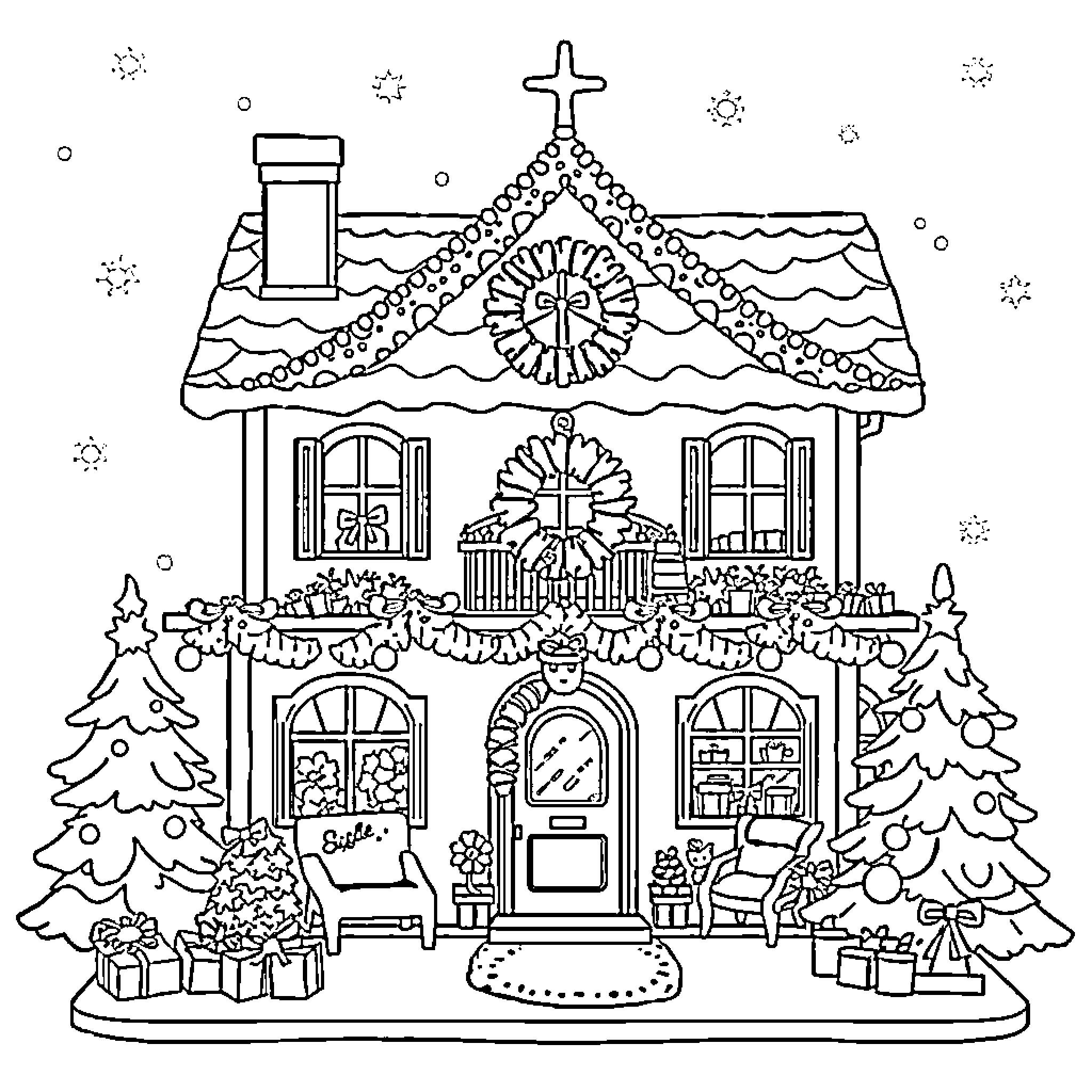Gabby Dollhouse decorated for the holidays Coloring Page (free black-and-white line drawing printable PDF for all, from beginners to advanced learners, including children, teens, adults, and seniors)