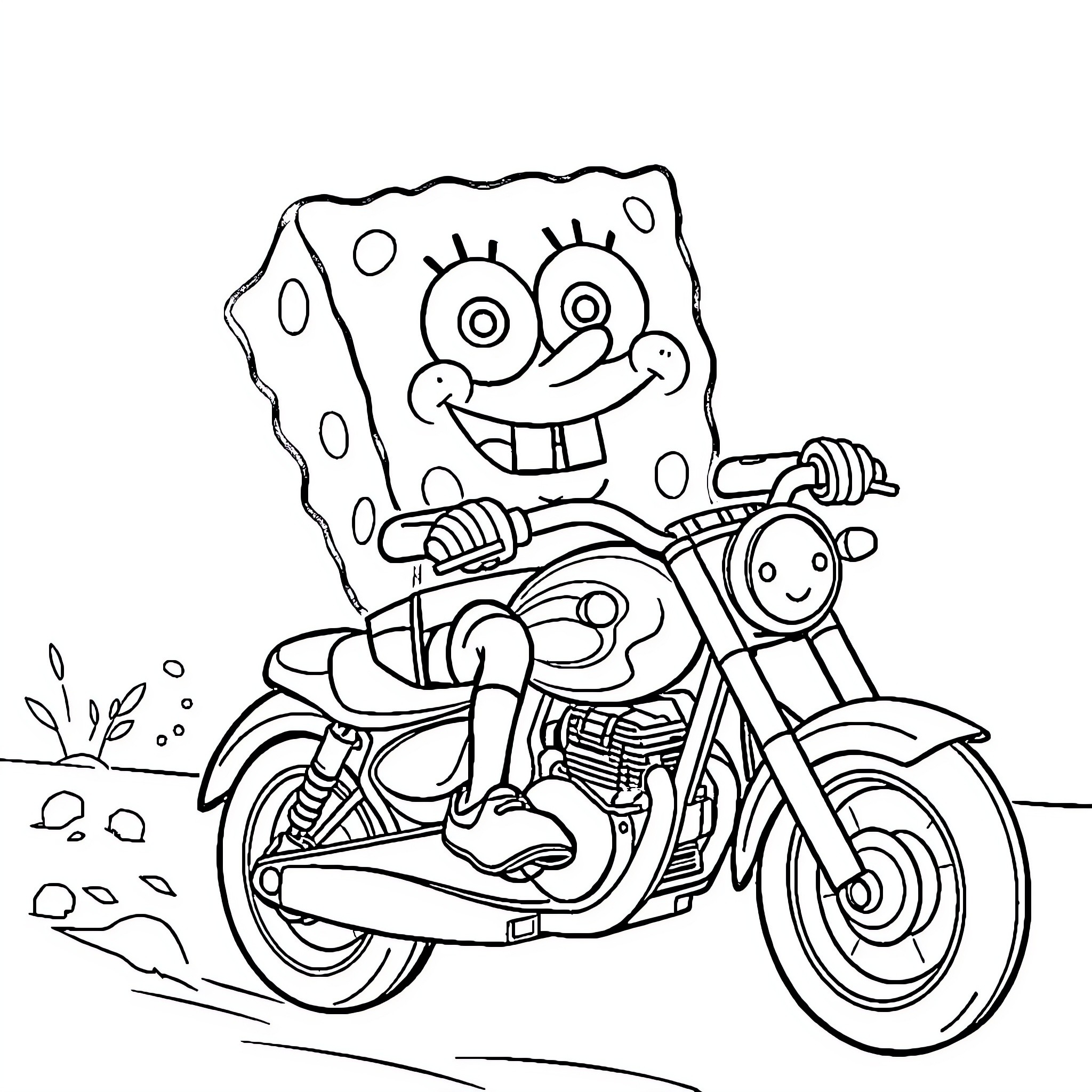 Spongebob riding a motorcycle happily Coloring Page (free black-and-white line drawing printable PDF for all, from beginners to advanced learners, including children, teens, adults, and seniors)