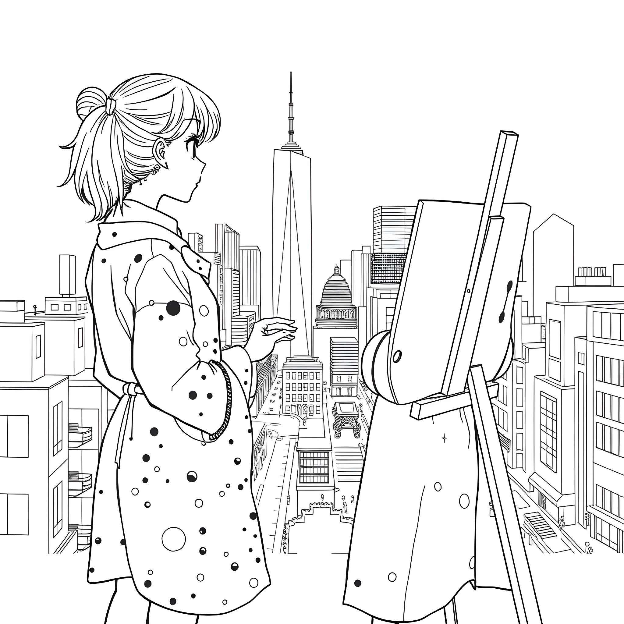 Anime Girl painting the cityscape Coloring Page (free black-and-white line drawing printable PDF for all, from beginners to advanced learners, including children, teens, adults, and seniors)