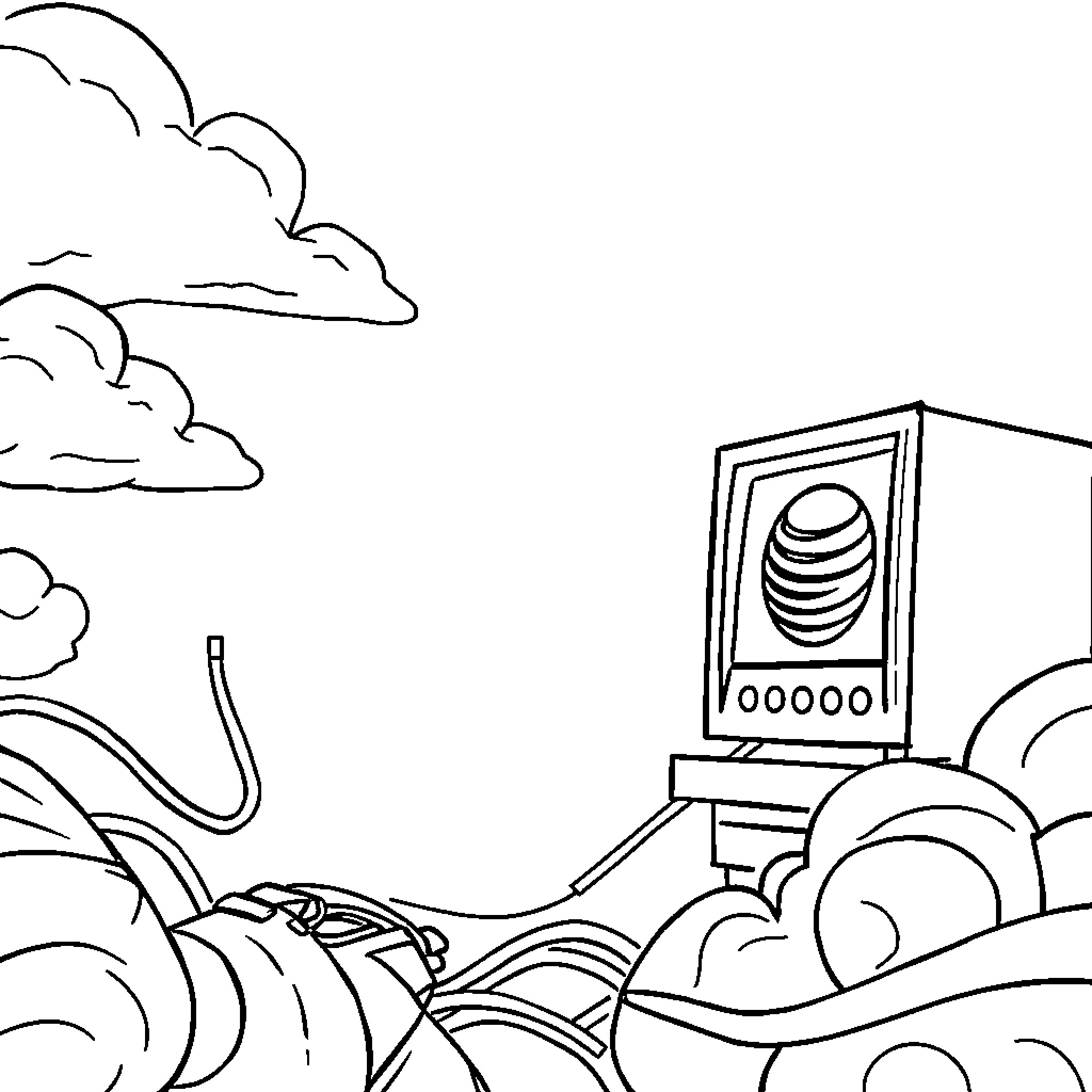 AT&T cell tower against stormy clouds Coloring Page (free black-and-white line drawing printable PDF for all, from beginners to advanced learners, including children, teens, adults, and seniors)