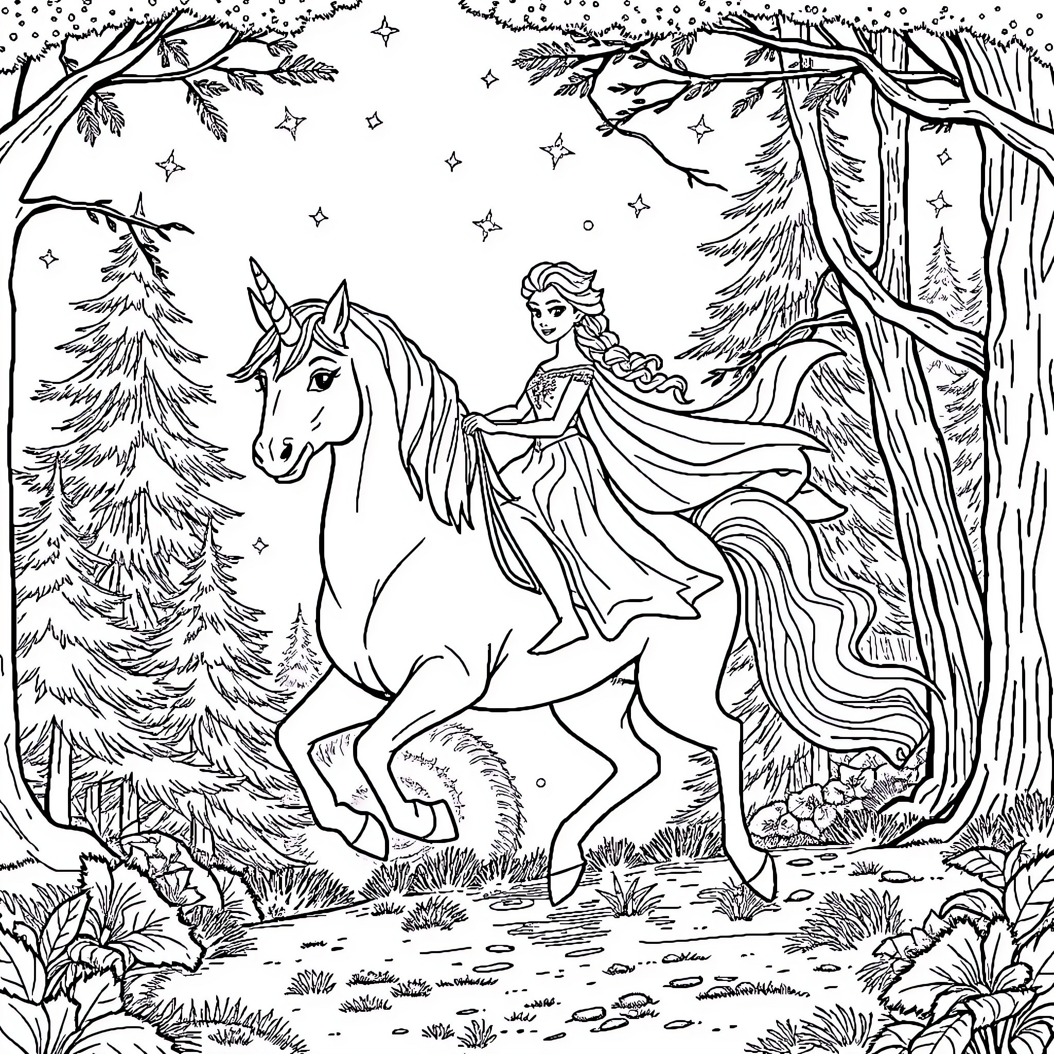 Elsa riding a magical unicorn through a enchanted forest Coloring Page (free black-and-white line drawing printable PDF for all, from beginners to advanced learners, including children, teens, adults, and seniors)