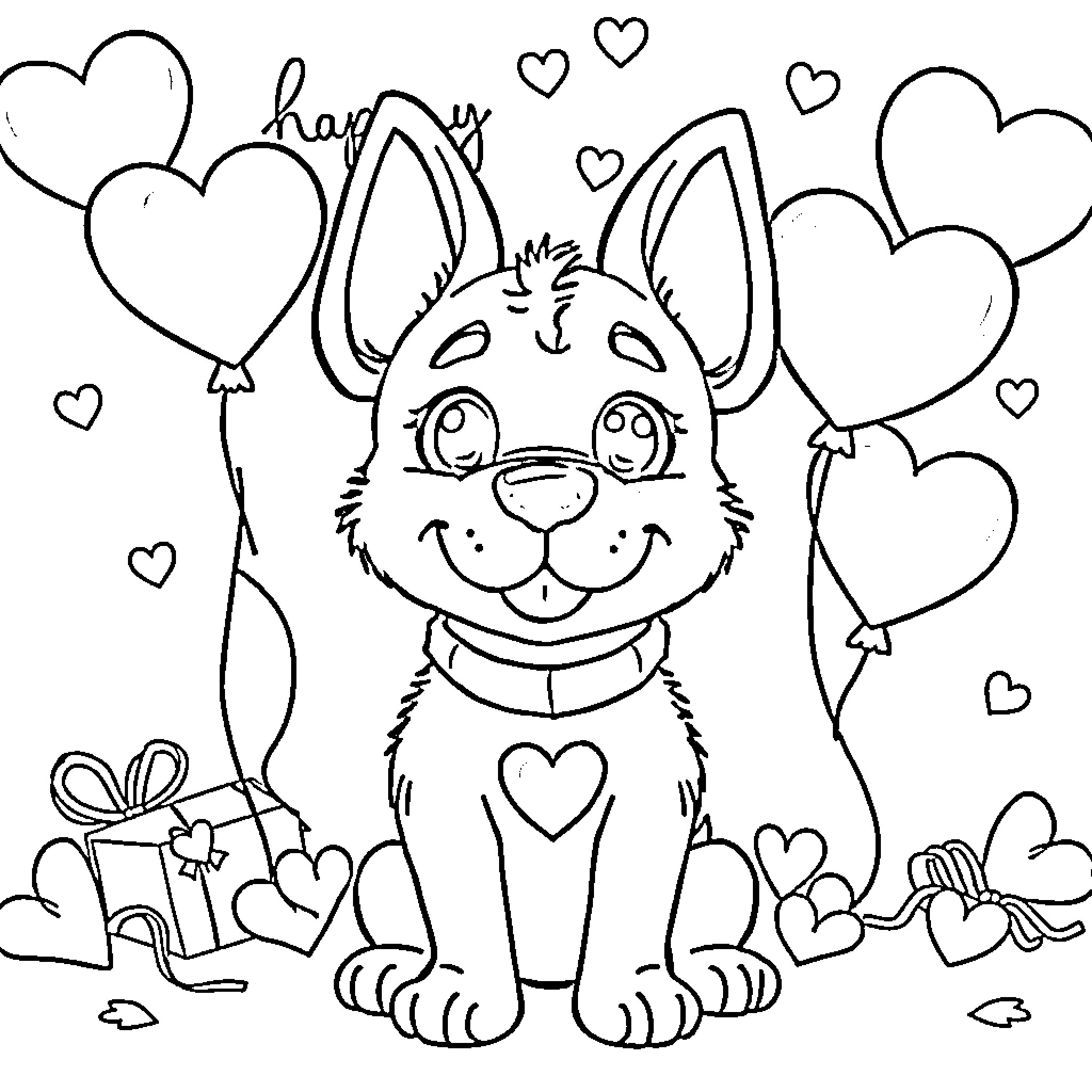 Bluey Celebrates with Hearts and Balloons Coloring Page (free black-and-white line drawing printable PDF for all, from beginners to advanced learners, including children, teens, adults, and seniors)
