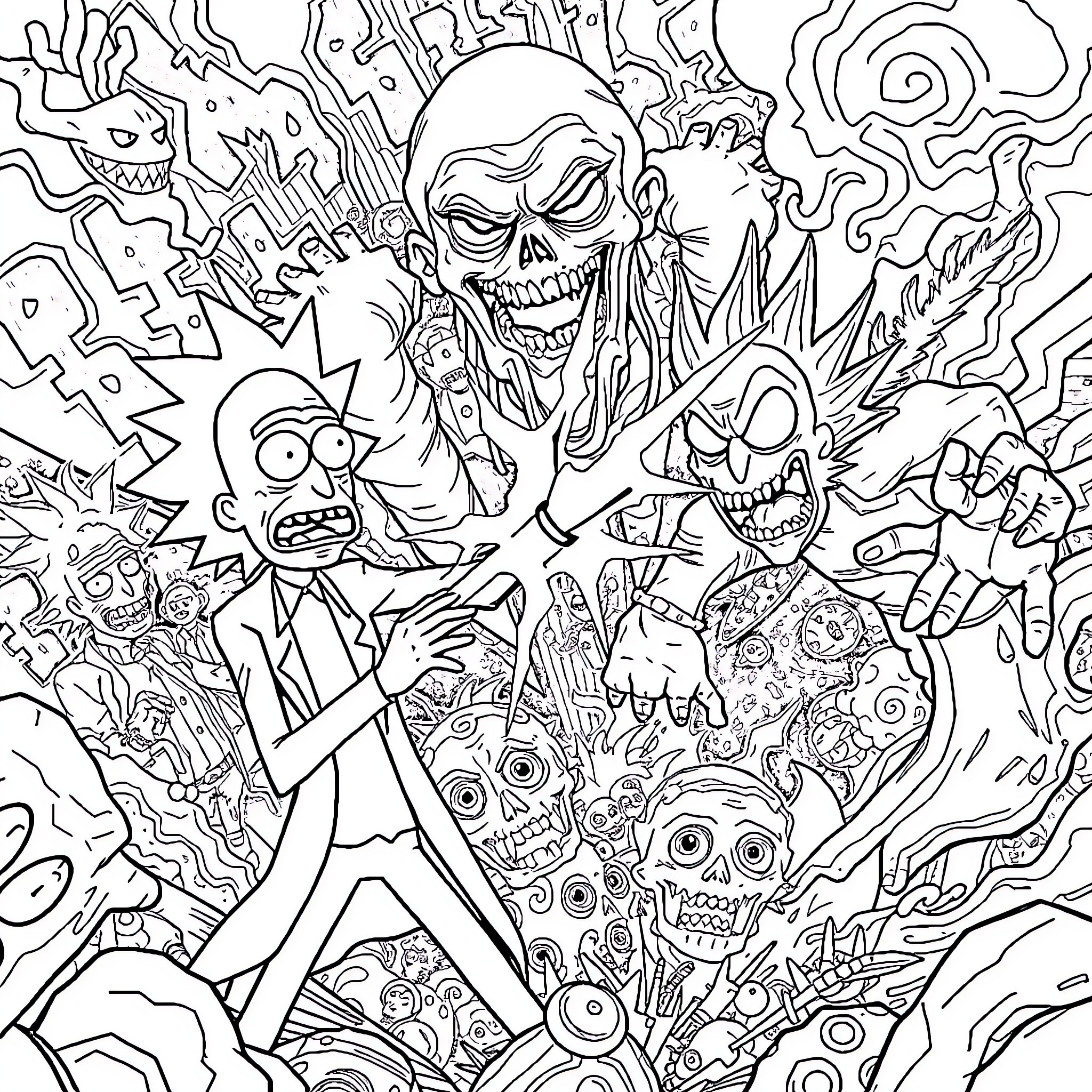 Rick And Morty Facing Chaotic Supernatural Forces Coloring Page (free black-and-white line drawing printable PDF for all, from beginners to advanced learners, including children, teens, adults, and seniors)