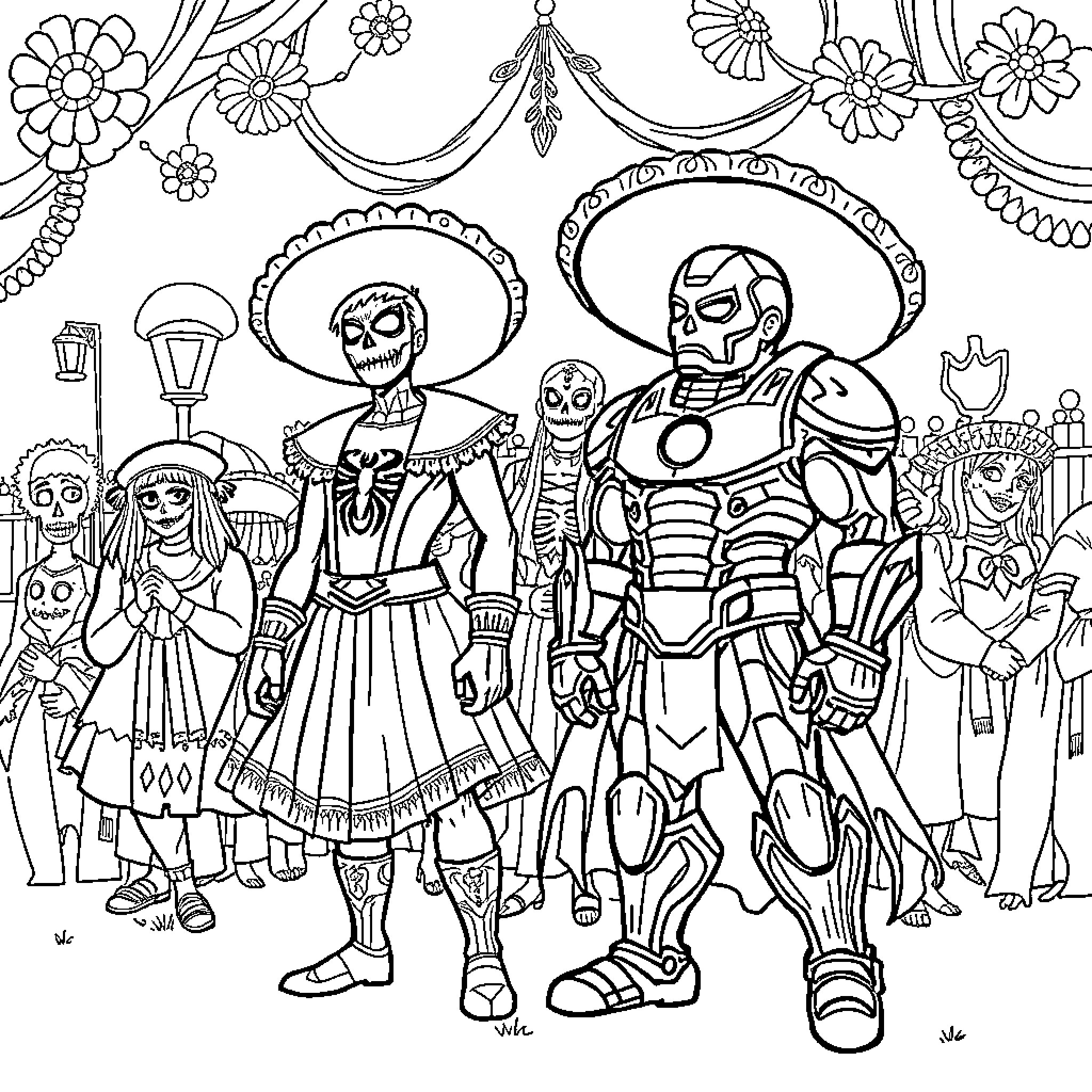 Marvel Characters Celebrating in Vibrant Costumes Coloring Page (free black-and-white line drawing printable PDF for all, from beginners to advanced learners, including children, teens, adults, and seniors)