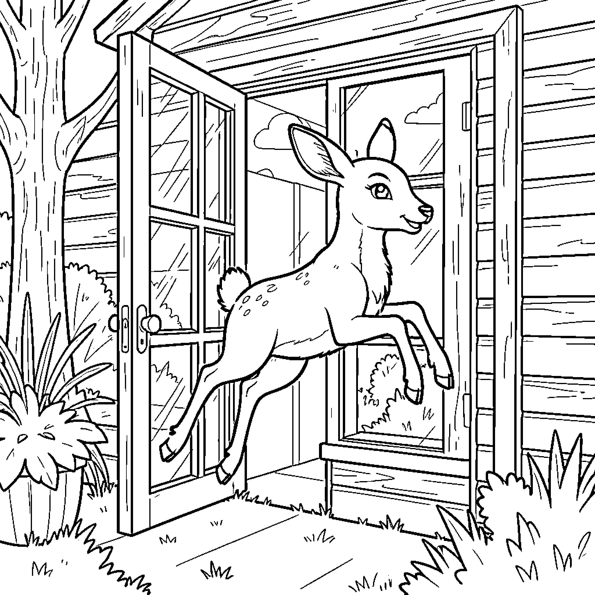 Deer exiting a cozy cabin in the woods Coloring Page (free black-and-white line drawing printable PDF for all, from beginners to advanced learners, including children, teens, adults, and seniors)