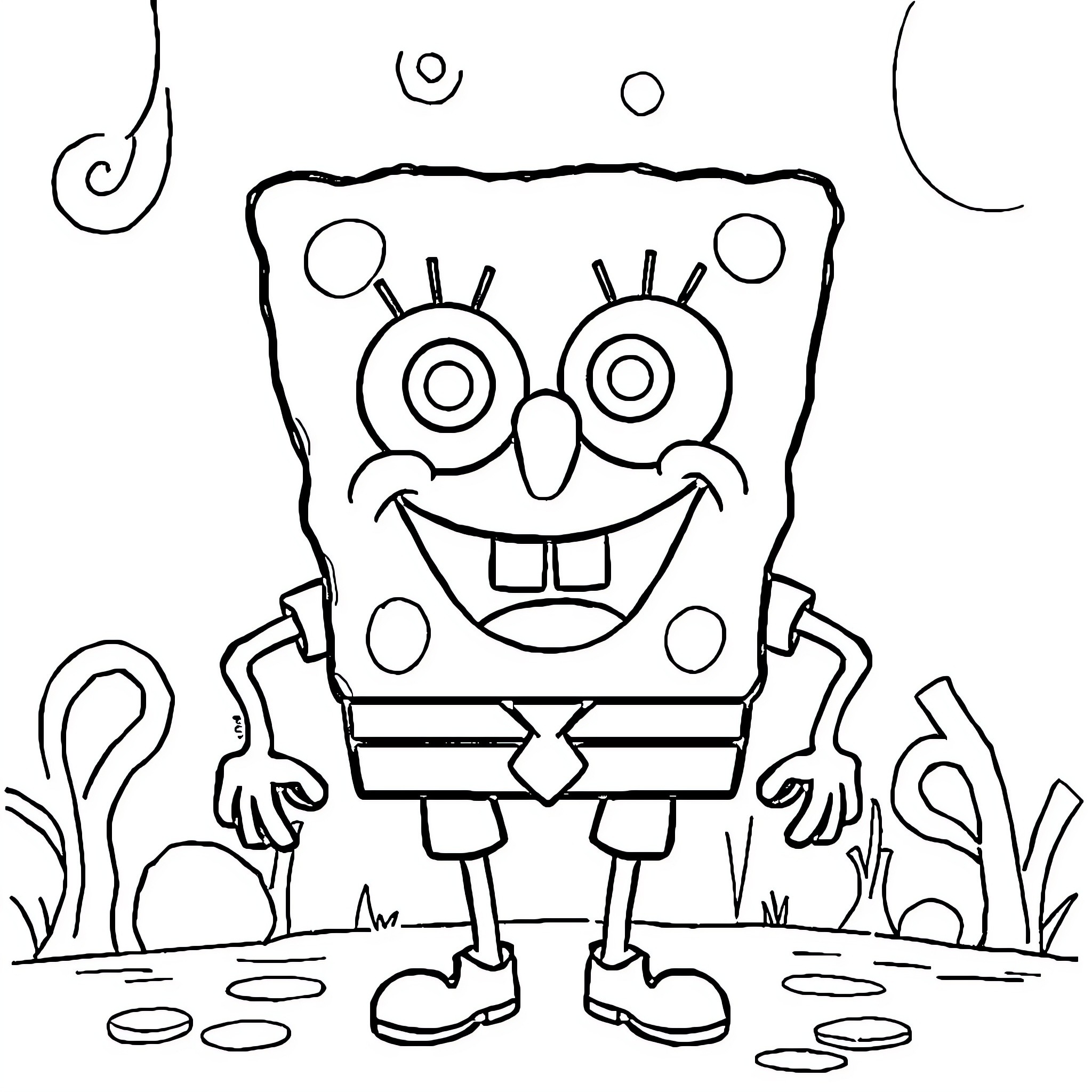 Spongebob's happy underwater adventure Coloring Page (free black-and-white line drawing printable PDF for all, from beginners to advanced learners, including children, teens, adults, and seniors)