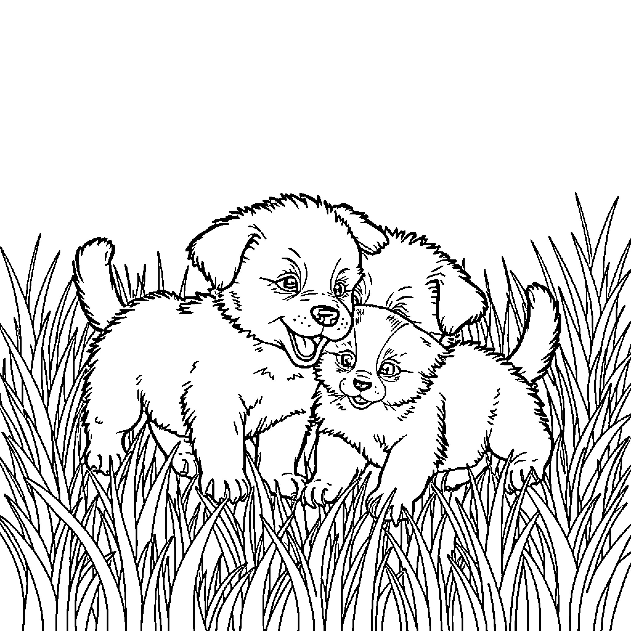 Puppy and Kitten playing in the grass Coloring Page (free black-and-white line drawing printable PDF for all, from beginners to advanced learners, including children, teens, adults, and seniors)