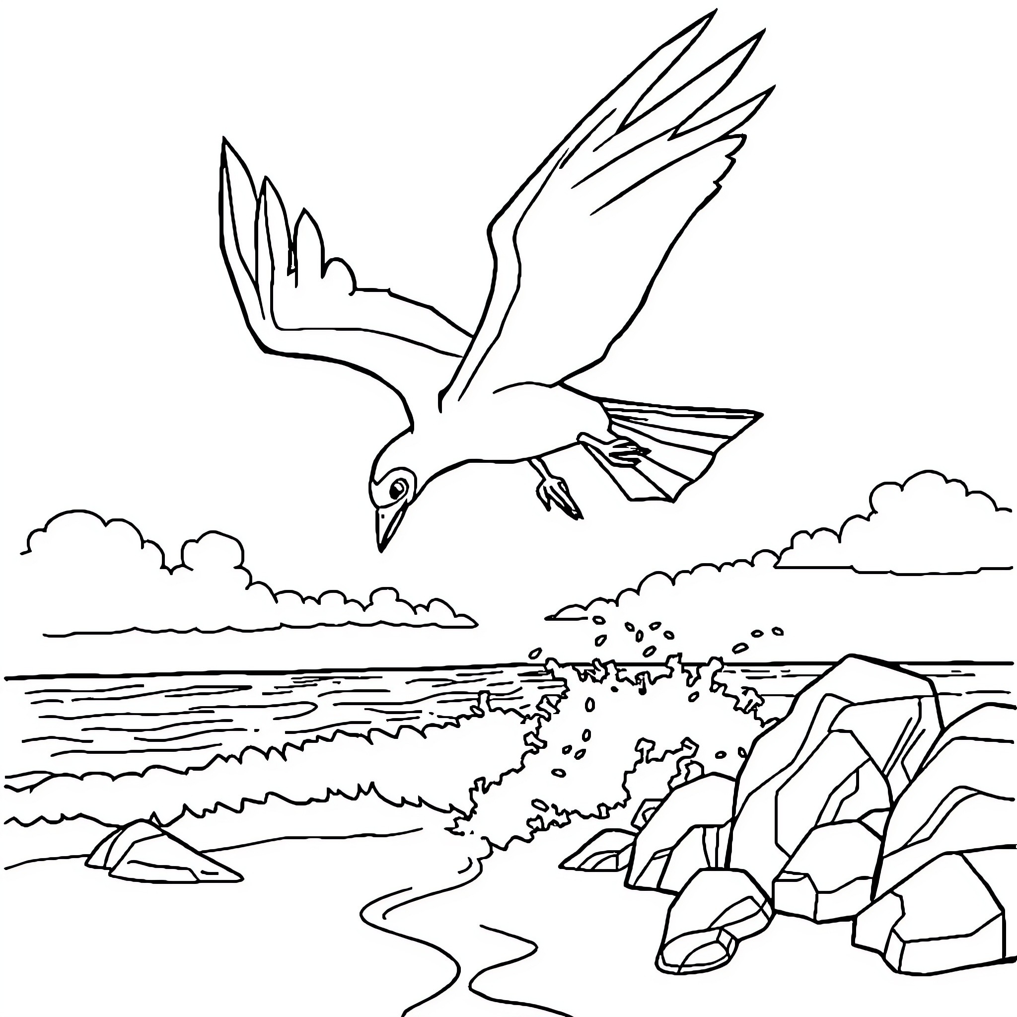 Lugia soaring over a coastal scene Coloring Page (free black-and-white line drawing printable PDF for all, from beginners to advanced learners, including children, teens, adults, and seniors)