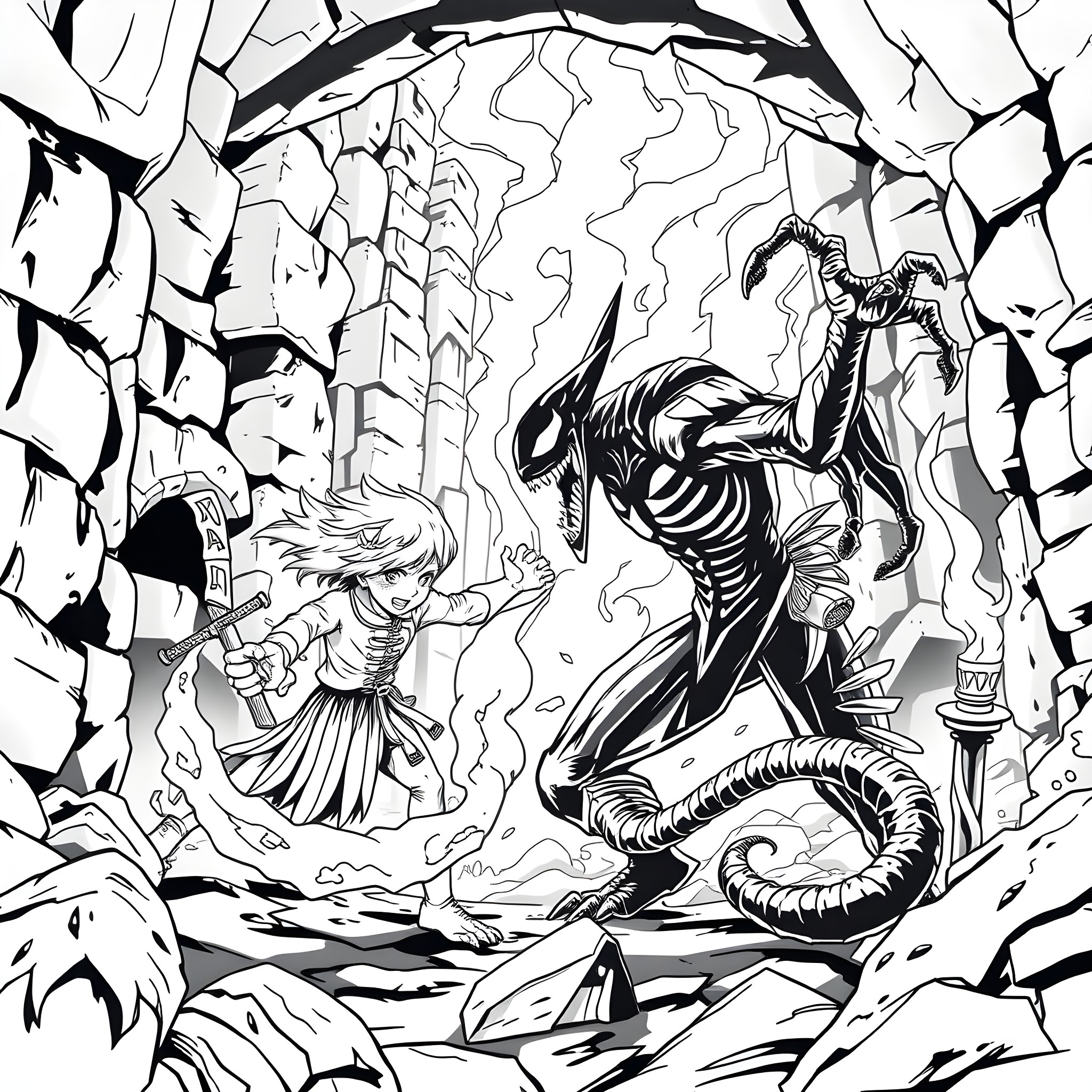 Jinwoo's Epic Adventure in the Mysterious Forest Coloring Page (free black-and-white line drawing printable PDF for all, from beginners to advanced learners, including children, teens, adults, and seniors)