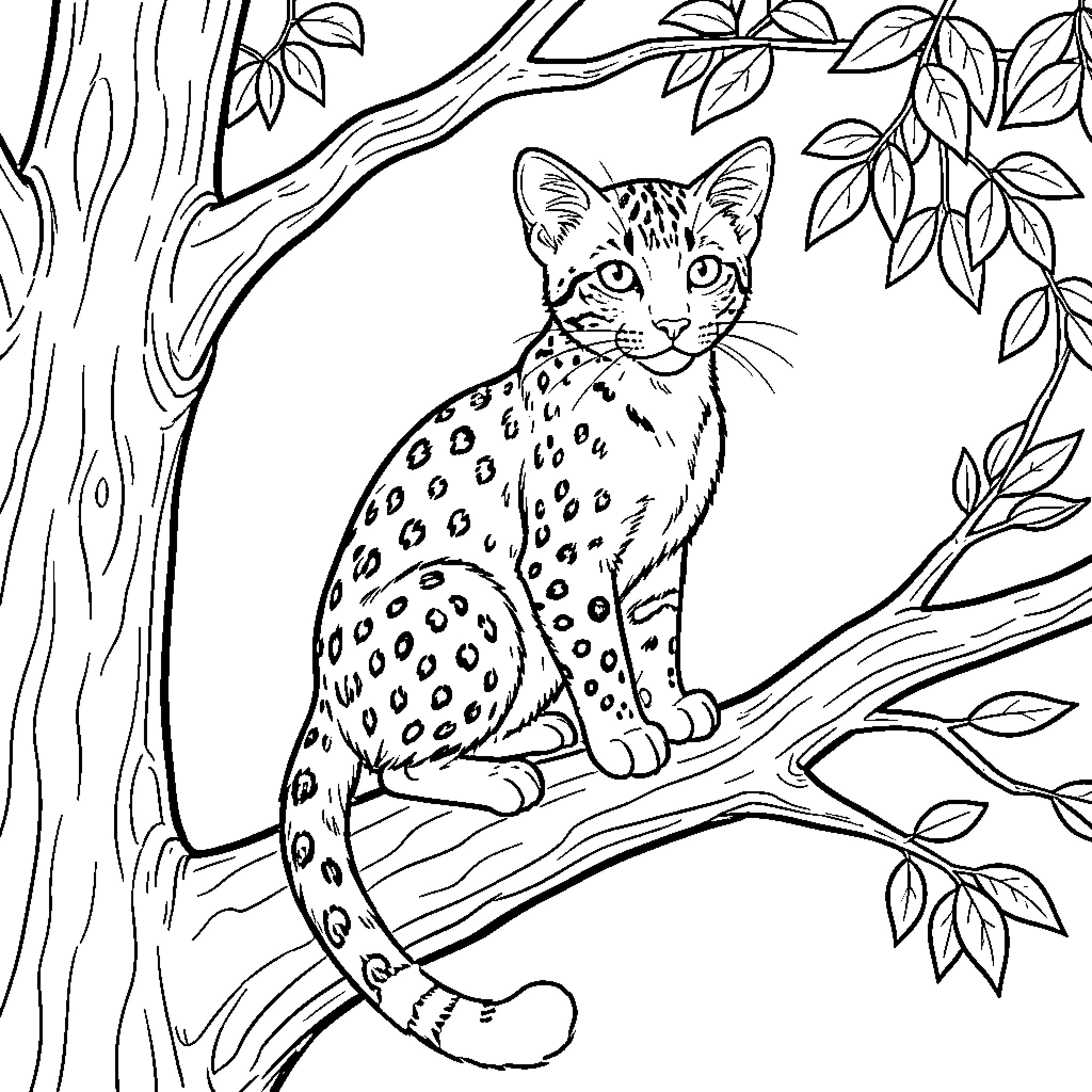 Leopardus sitting calmly on a tree branch Coloring Page (free black-and-white line drawing printable PDF for all, from beginners to advanced learners, including children, teens, adults, and seniors)