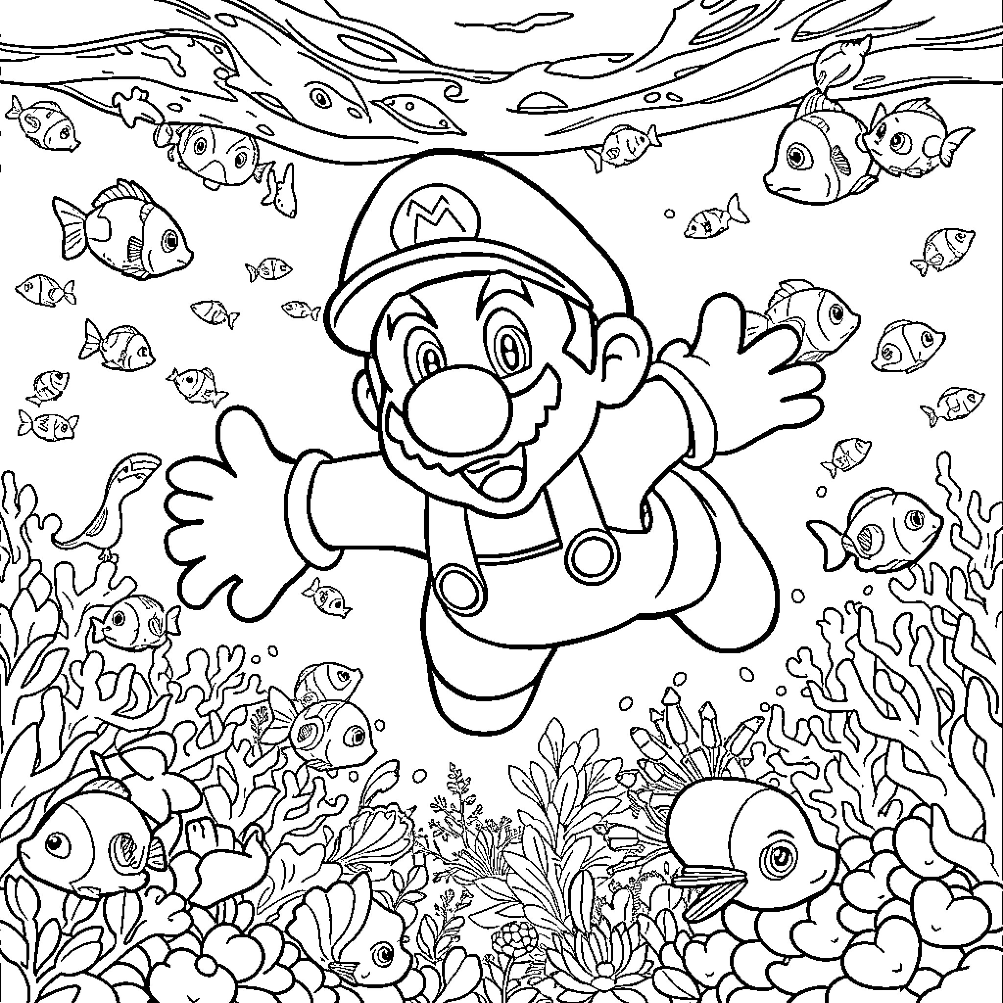 Super Mario Exploring the Underwater Coral Reef Coloring Page (free black-and-white line drawing printable PDF for all, from beginners to advanced learners, including children, teens, adults, and seniors)