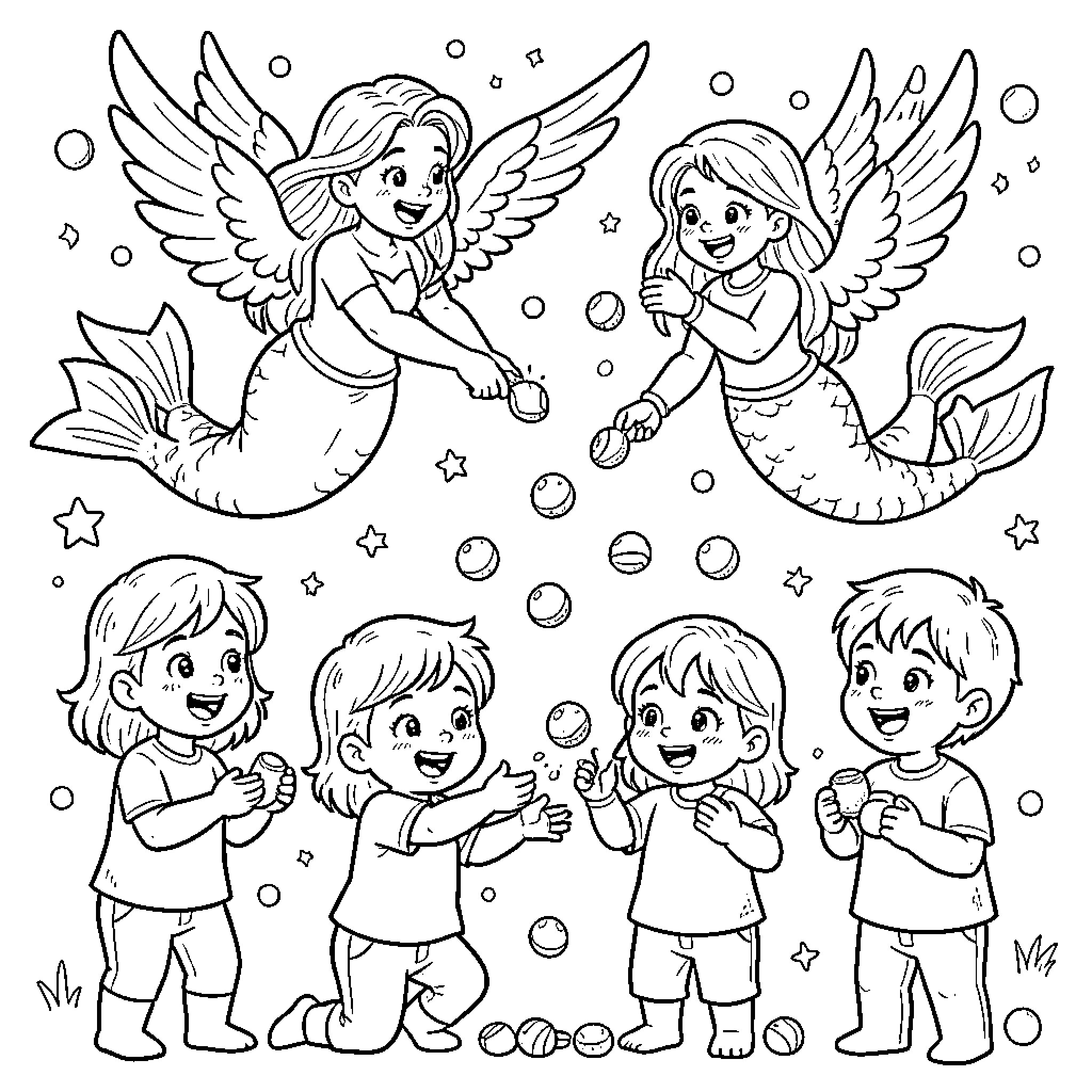 Siren mermaids with wings playing with bubbles Coloring Page (free black-and-white line drawing printable PDF for all, from beginners to advanced learners, including children, teens, adults, and seniors)