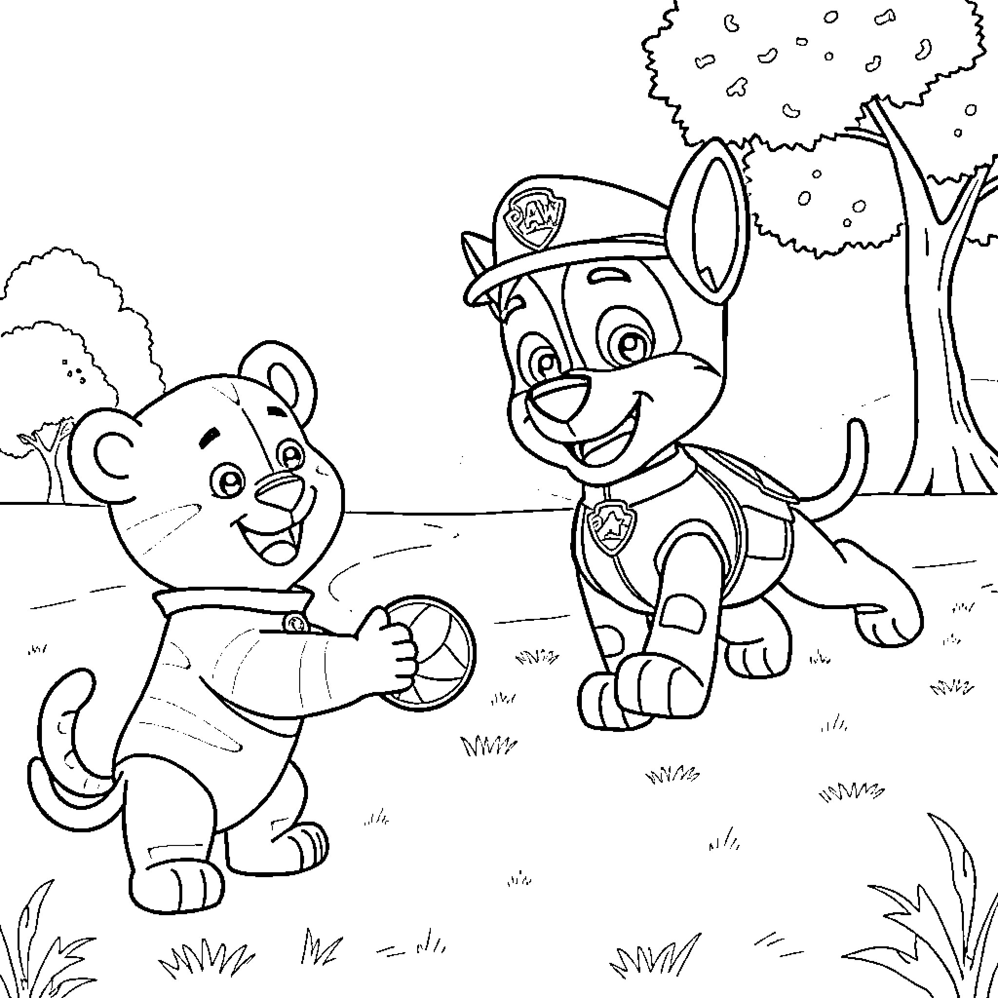 Chase through the forest with playful pups Coloring Page (free black-and-white line drawing printable PDF for all, from beginners to advanced learners, including children, teens, adults, and seniors)