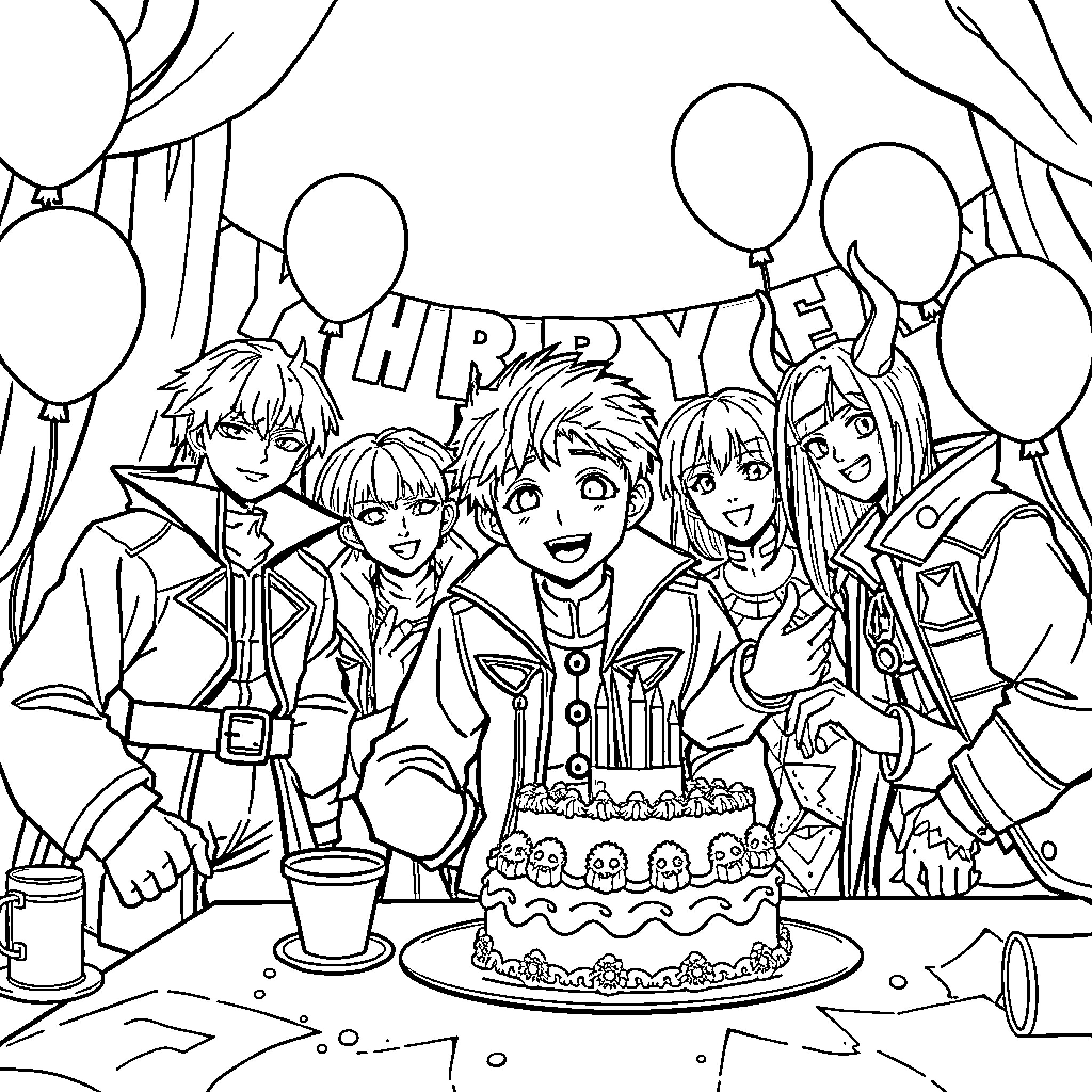 Demon Hunter Celebrates Birthday Party with Friends Coloring Page (free black-and-white line drawing printable PDF for all, from beginners to advanced learners, including children, teens, adults, and seniors)