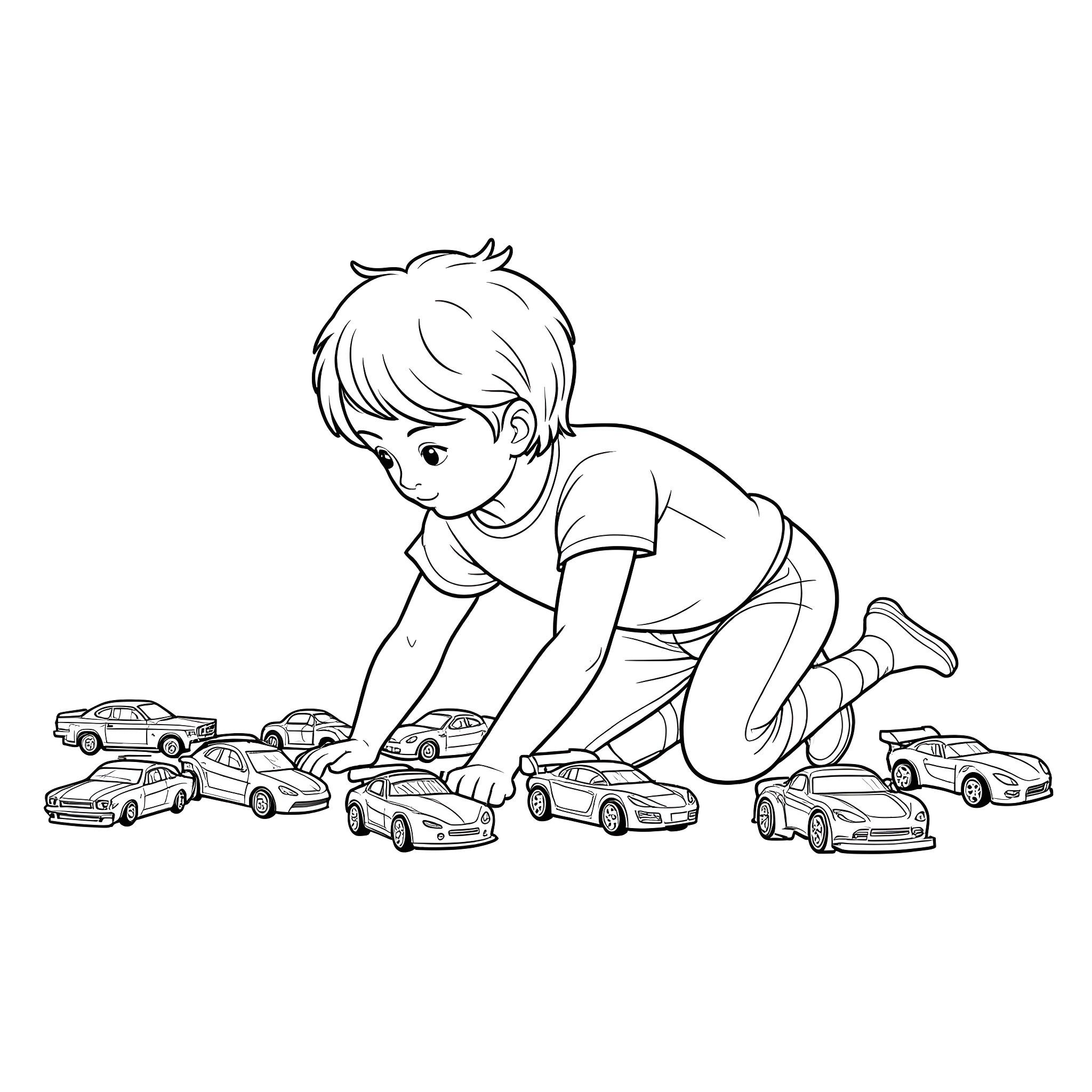 Bluey playing with toy cars Coloring Page (free black-and-white line drawing printable PDF for all, from beginners to advanced learners, including children, teens, adults, and seniors)