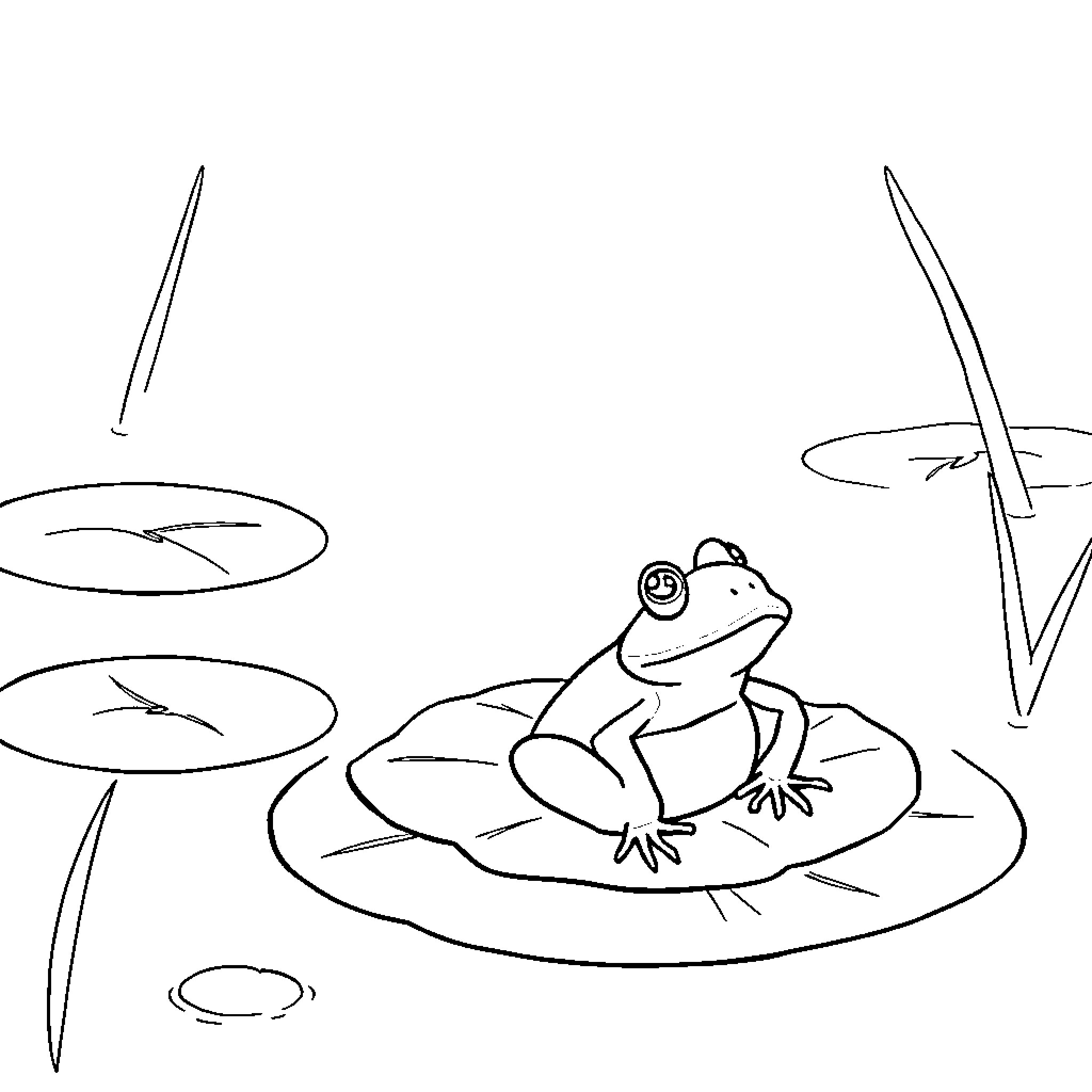 Frog resting on lily pad in tranquil pond Coloring Page (free black-and-white line drawing printable PDF for all, from beginners to advanced learners, including children, teens, adults, and seniors)