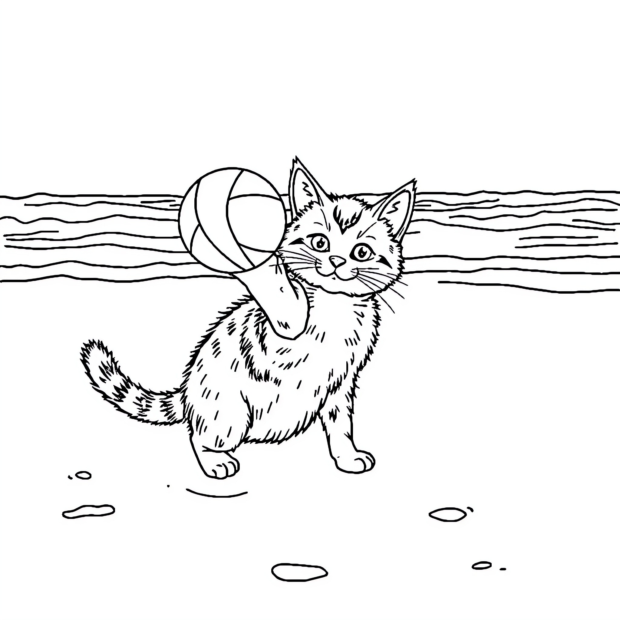 Cat playing with beach ball in the water Coloring Page (free black-and-white line drawing printable PDF for all, from beginners to advanced learners, including children, teens, adults, and seniors)