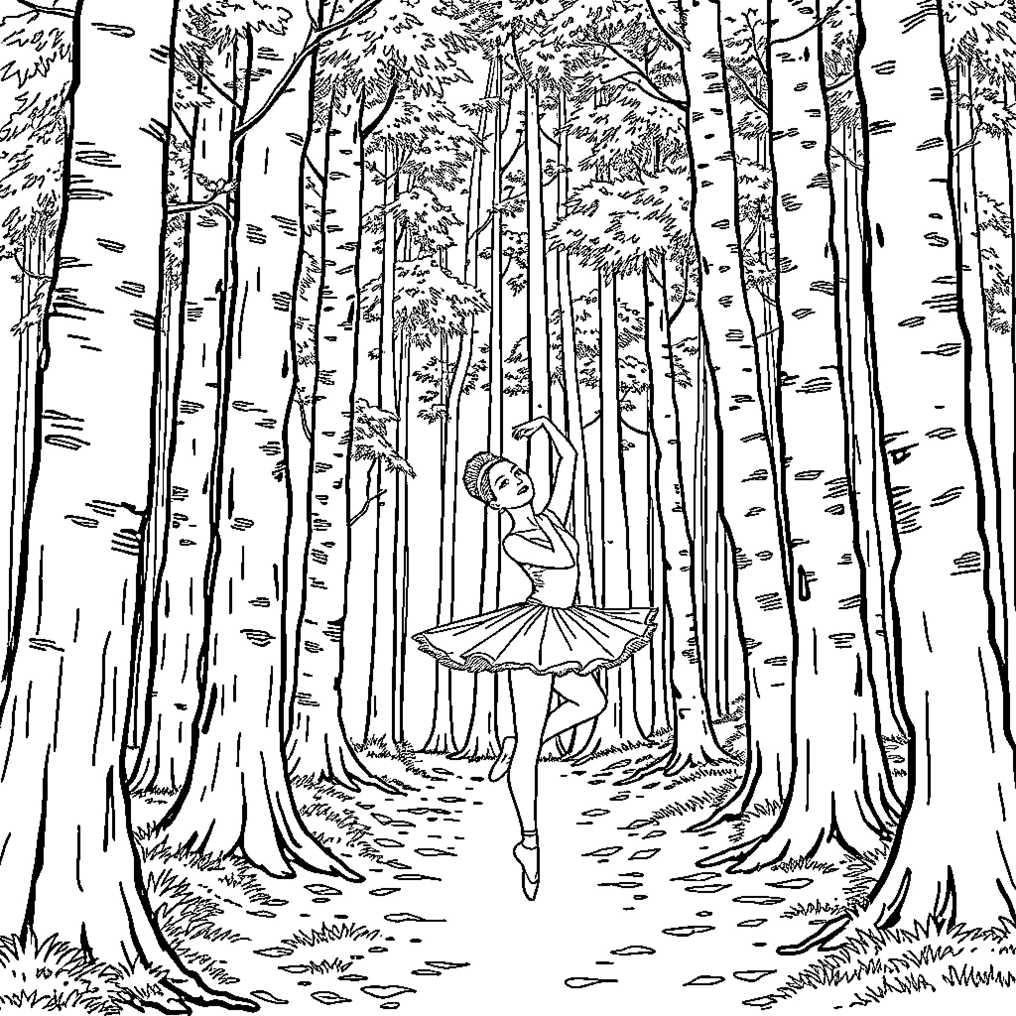 Ballerina dancing gracefully in the forest Coloring Page (free black-and-white line drawing printable PDF for all, from beginners to advanced learners, including children, teens, adults, and seniors)