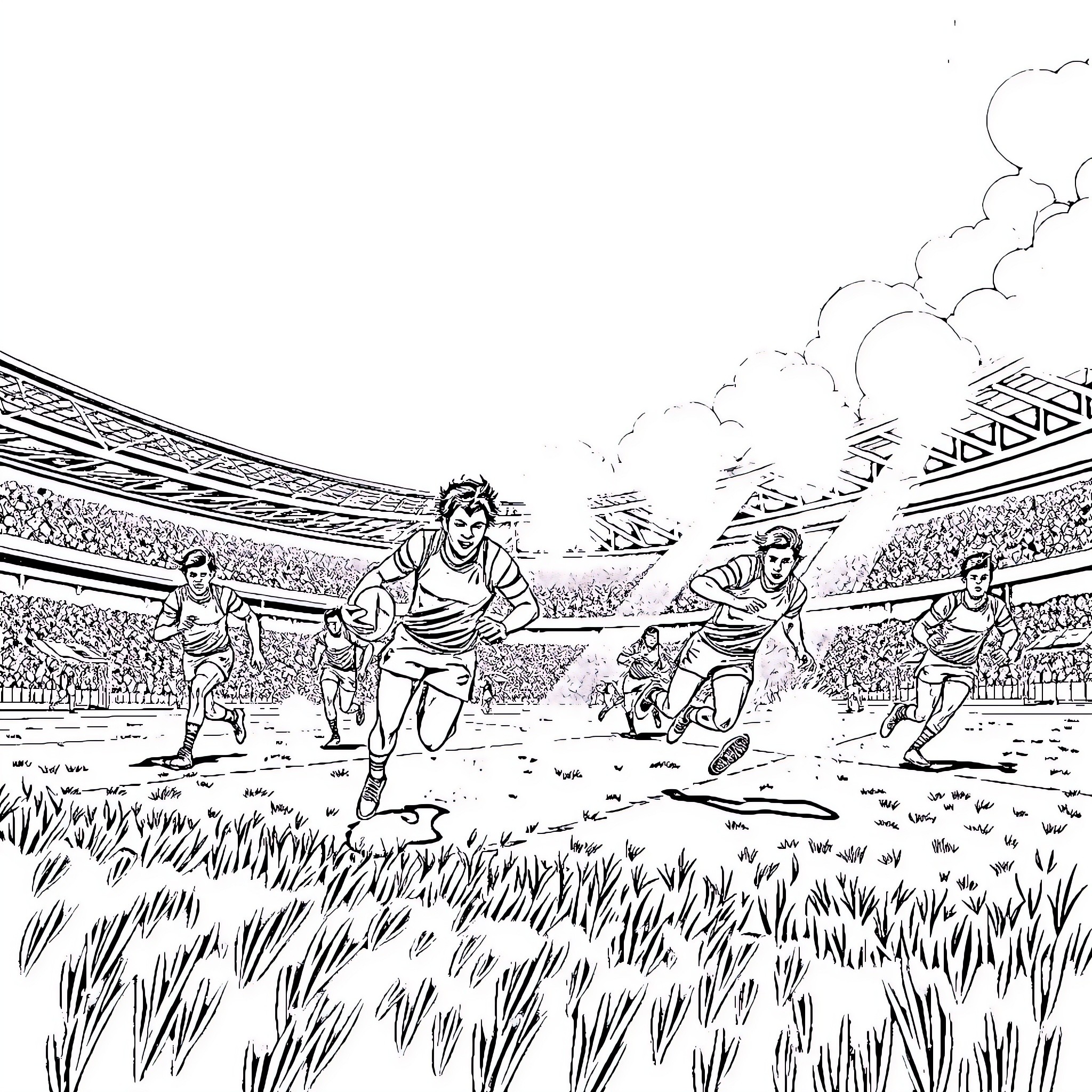 AFL Players in Action on the Field Coloring Page (free black-and-white line drawing printable PDF for all, from beginners to advanced learners, including children, teens, adults, and seniors)