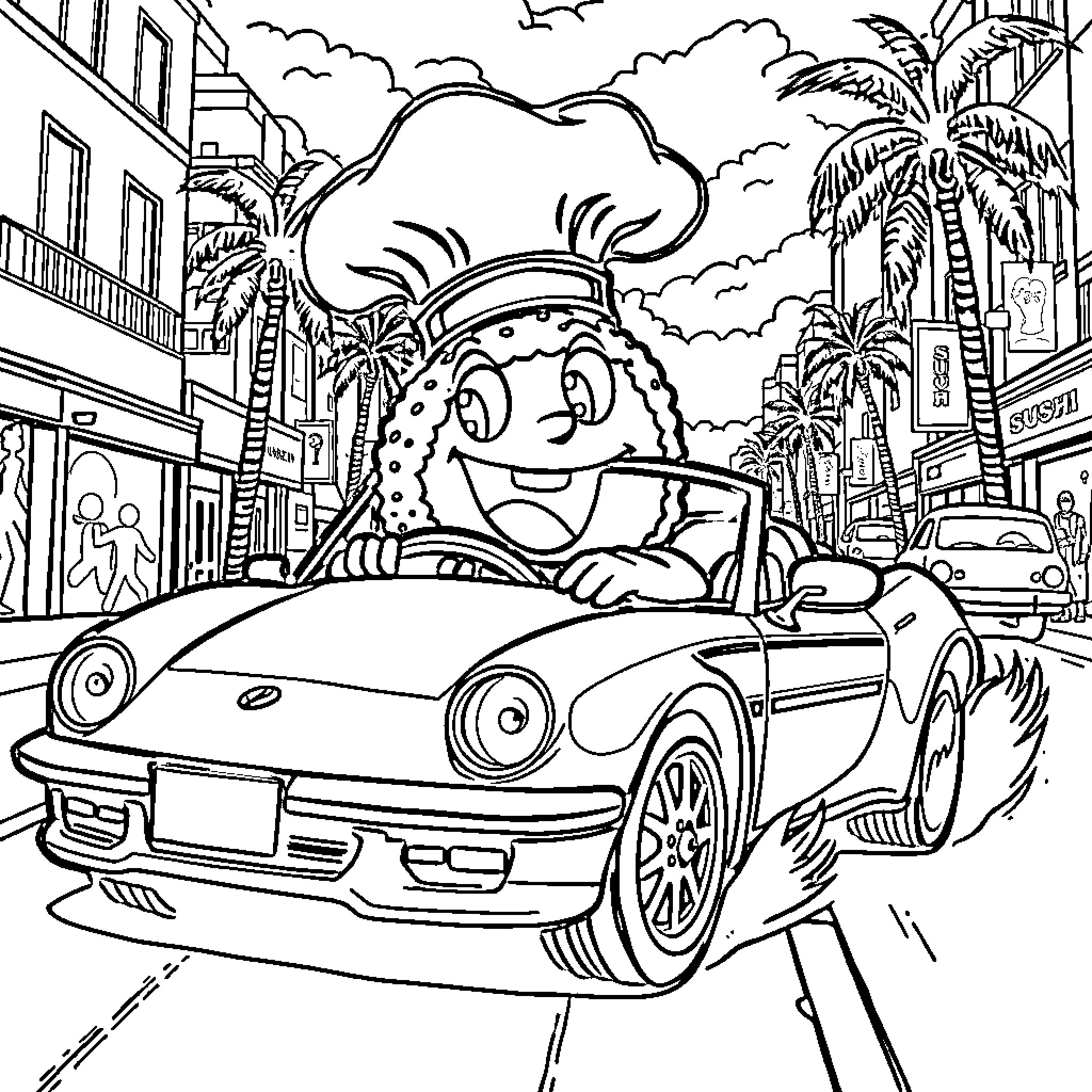 Sushi chef driving convertible in tropical city Coloring Page (free black-and-white line drawing printable PDF for all, from beginners to advanced learners, including children, teens, adults, and seniors)