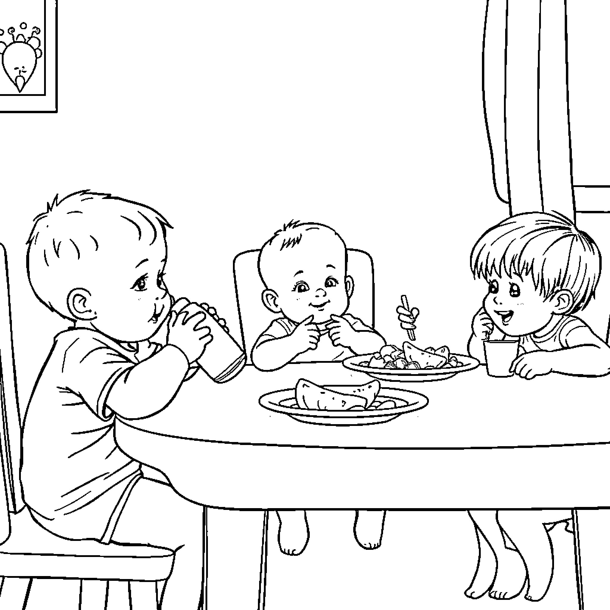 Baby siblings enjoying a meal together Coloring Page (free black-and-white line drawing printable PDF for all, from beginners to advanced learners, including children, teens, adults, and seniors)