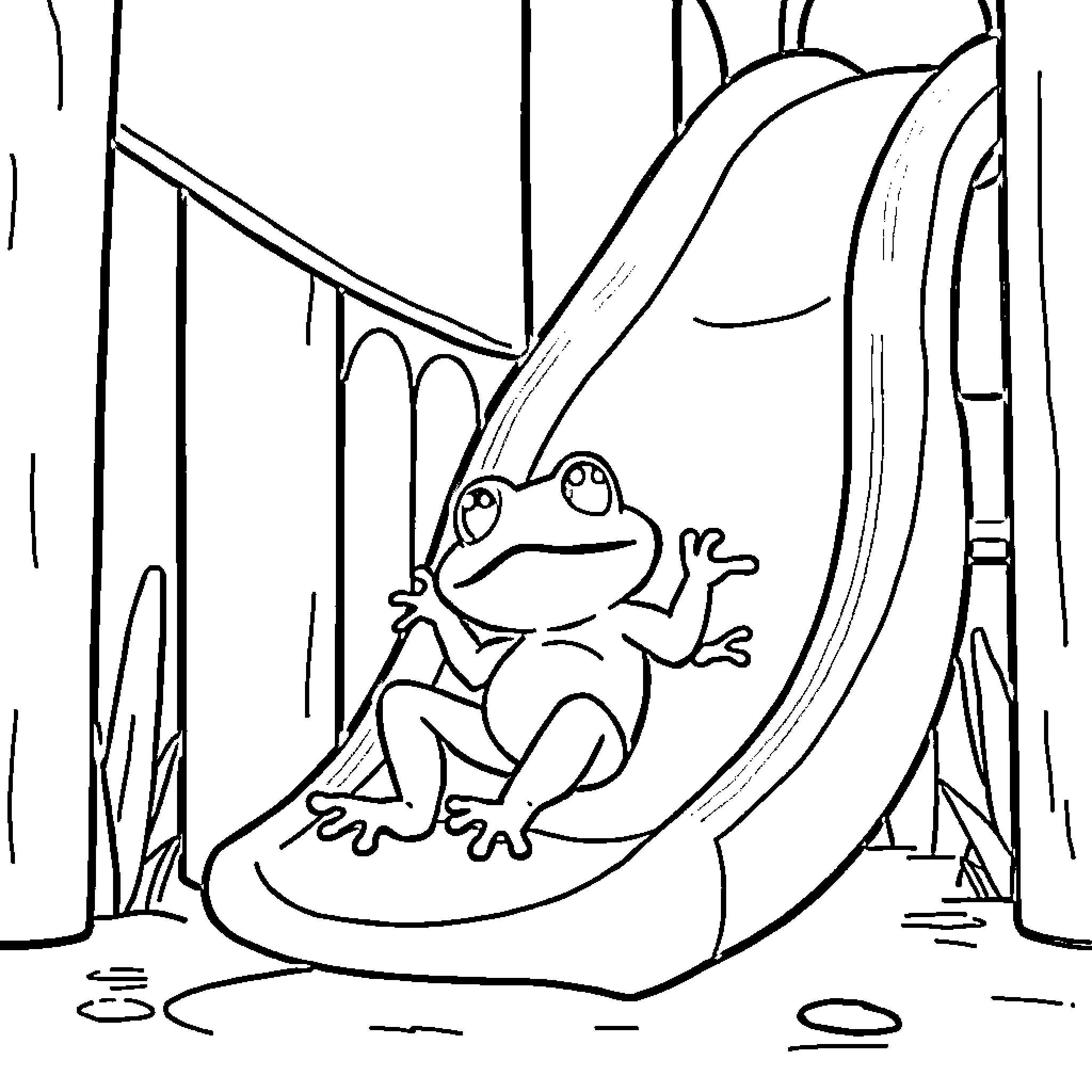 Frog playing on a slide in the forest Coloring Page (free black-and-white line drawing printable PDF for all, from beginners to advanced learners, including children, teens, adults, and seniors)