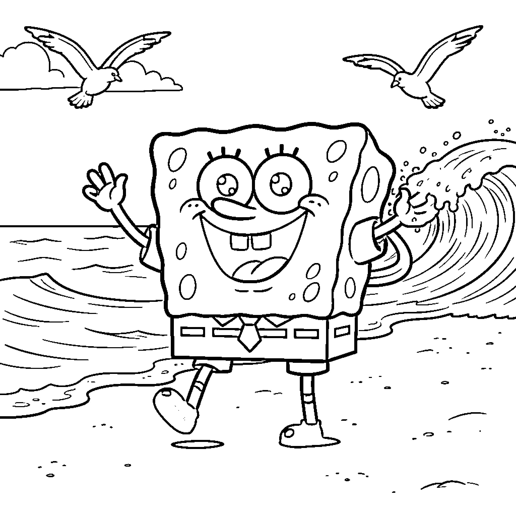Spongebob waving happily on a sunny beach Coloring Page (free black-and-white line drawing printable PDF for all, from beginners to advanced learners, including children, teens, adults, and seniors)