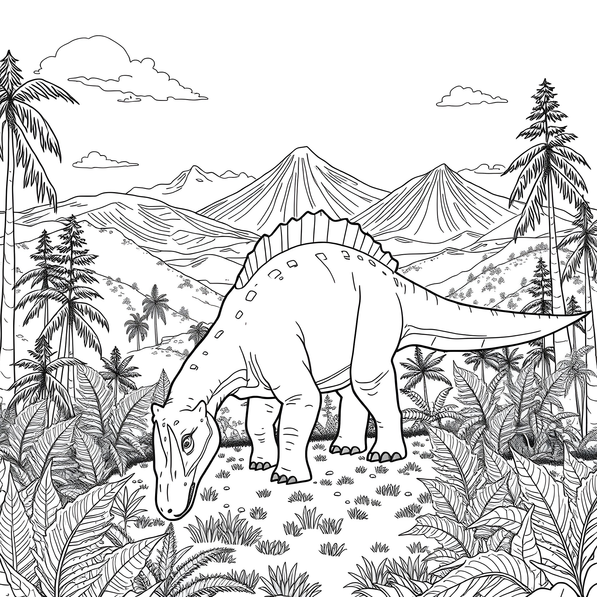 Dinosaur exploring the lush prehistoric landscape Coloring Page (free black-and-white line drawing printable PDF for all, from beginners to advanced learners, including children, teens, adults, and seniors)