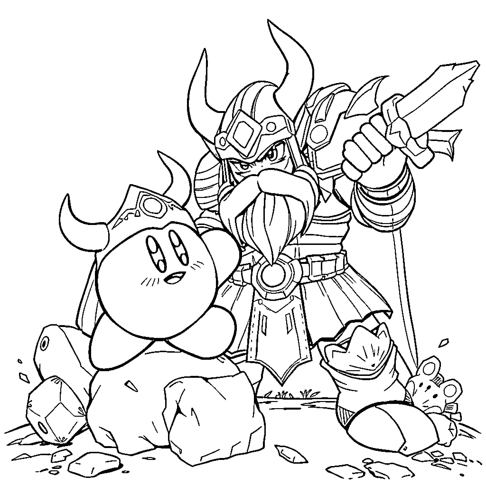 Kirby and the Armored Knight in a Fierce Battle Coloring Page (free black-and-white line drawing printable PDF for all, from beginners to advanced learners, including children, teens, adults, and seniors)