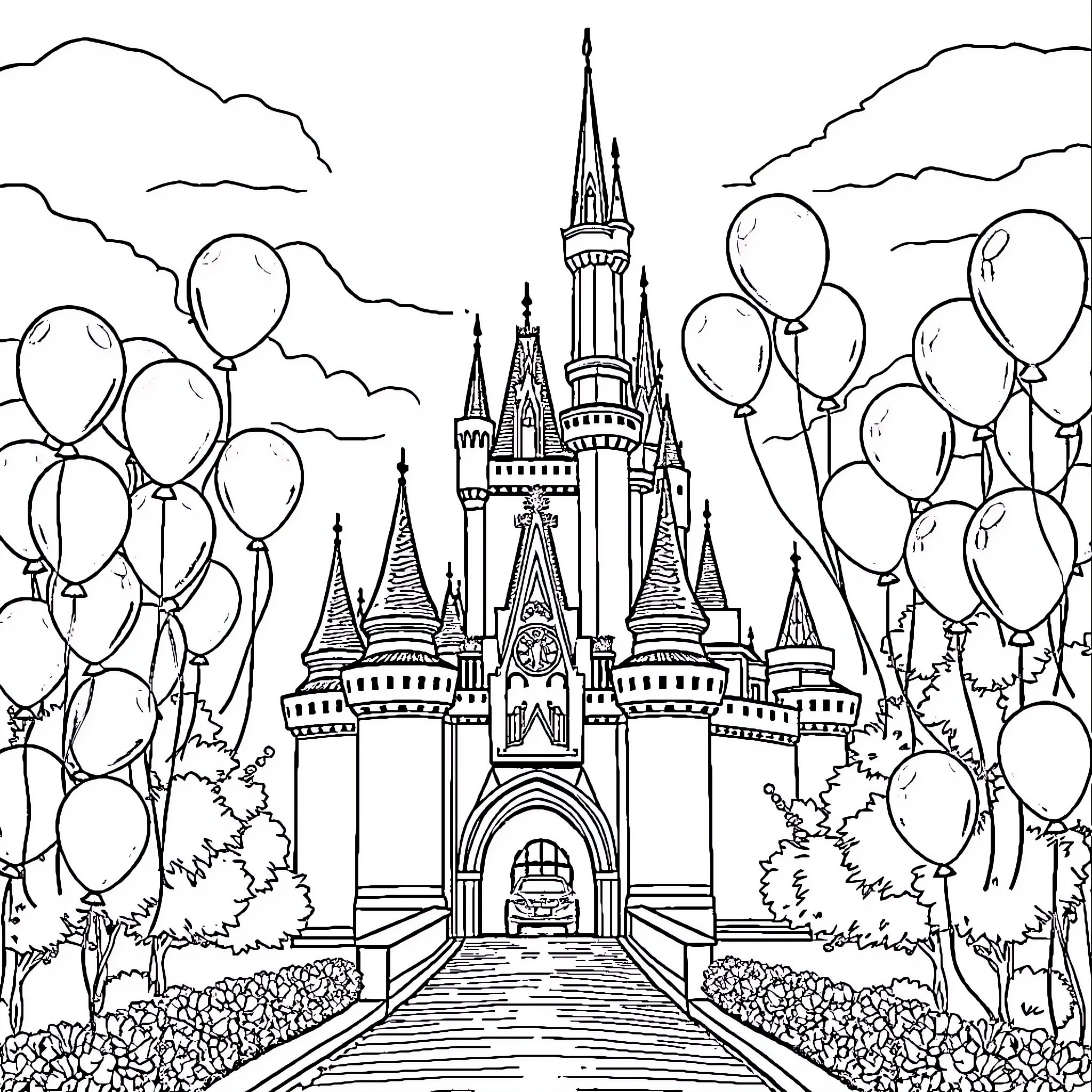 Castle with Balloons and Enchanting Scenery Coloring Page (free black-and-white line drawing printable PDF for all, from beginners to advanced learners, including children, teens, adults, and seniors)