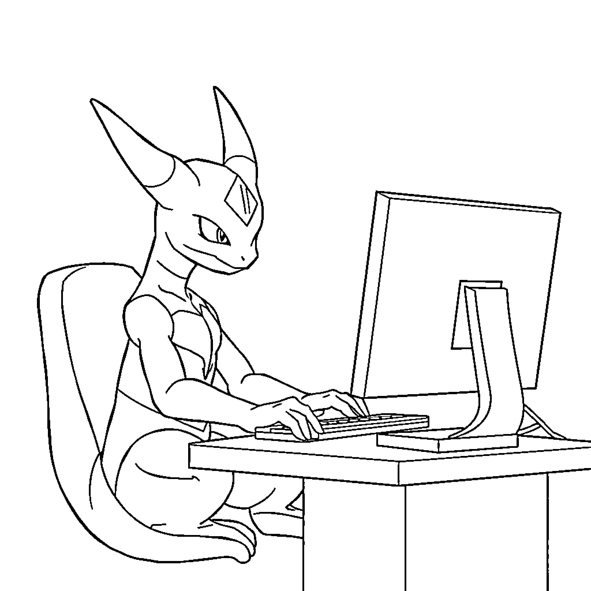 Mewtwo working diligently at the computer Coloring Page (free black-and-white line drawing printable PDF for all, from beginners to advanced learners, including children, teens, adults, and seniors)