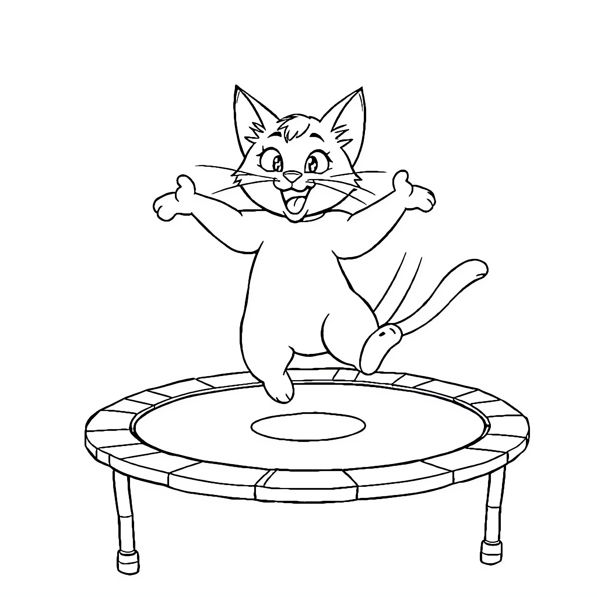 Marie the Kitten Jumping on a Trampoline Coloring Page (free black-and-white line drawing printable PDF for all, from beginners to advanced learners, including children, teens, adults, and seniors)