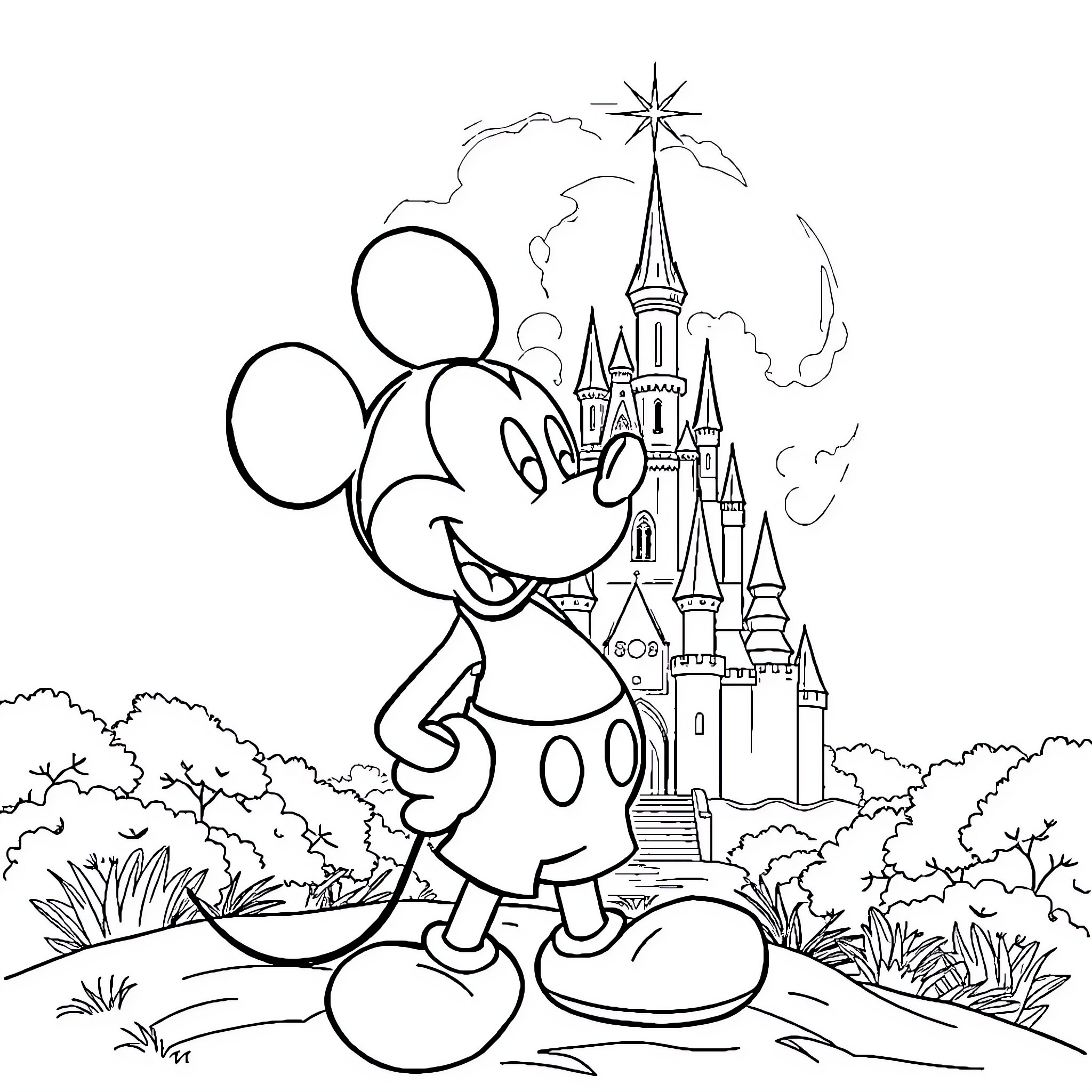 Mickey Mouse exploring the magical castle Coloring Page (free black-and-white line drawing printable PDF for all, from beginners to advanced learners, including children, teens, adults, and seniors)