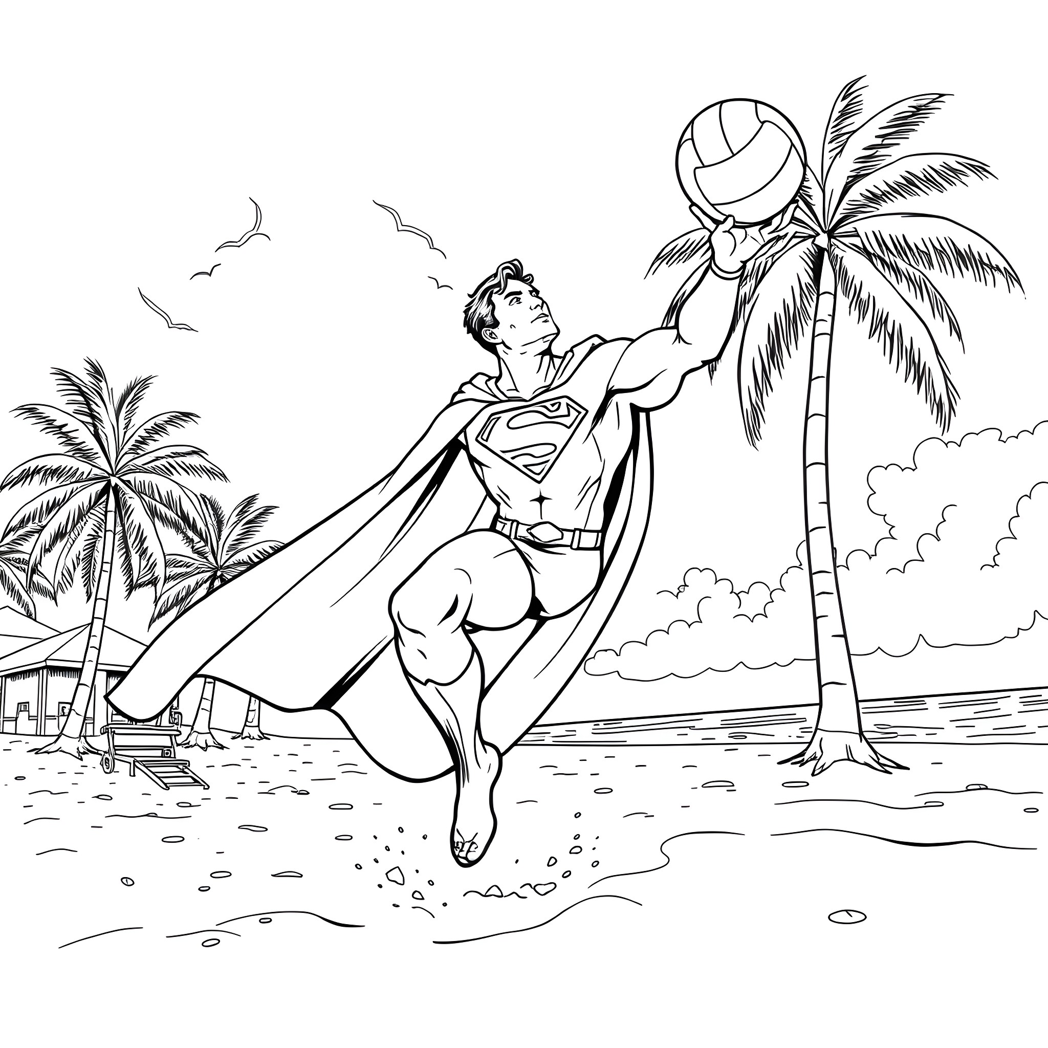 Superman playing beach volleyball on a tropical island Coloring Page (free black-and-white line drawing printable PDF for all, from beginners to advanced learners, including children, teens, adults, and seniors)