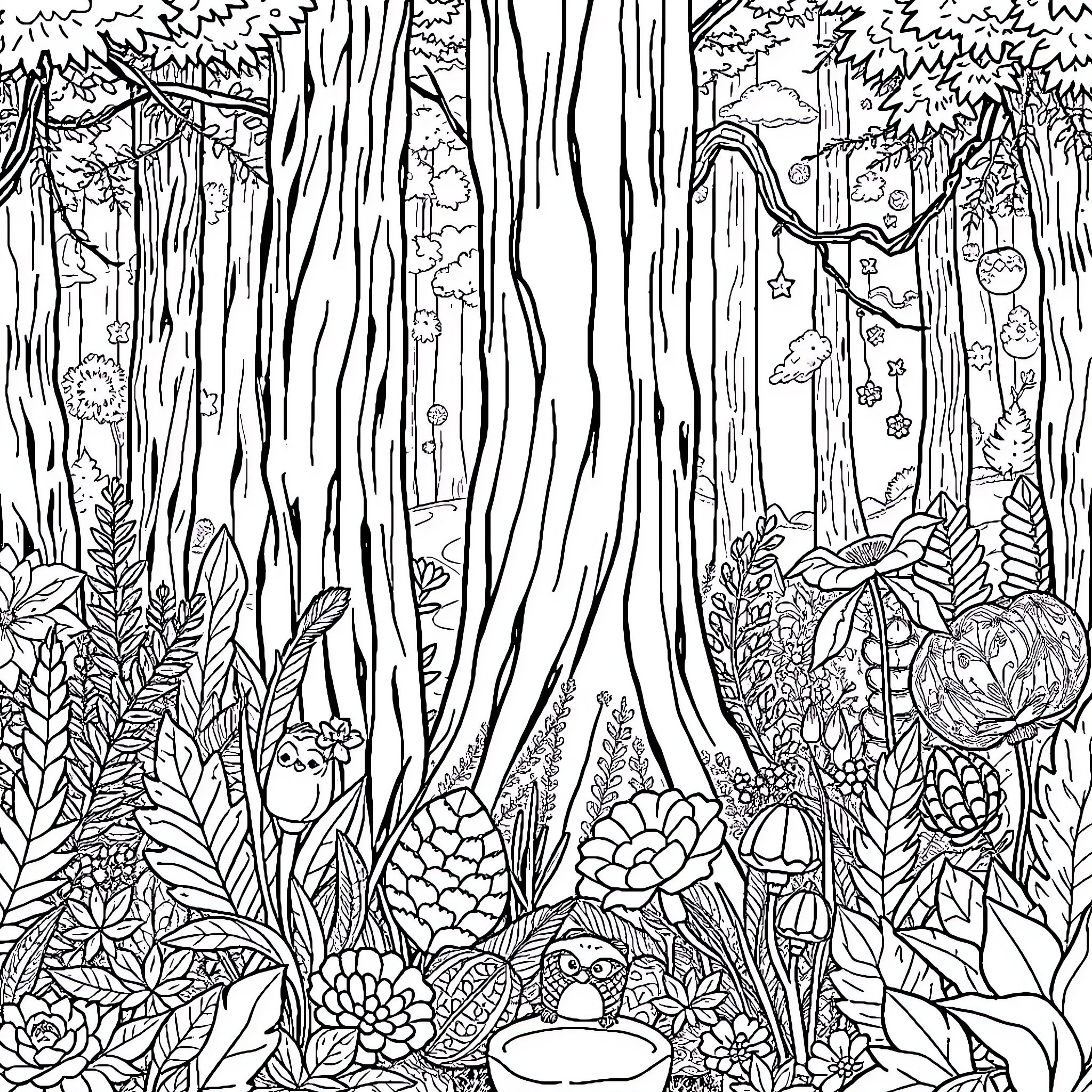 Pogoën Fantastical Forest Exploration Coloring Page (free black-and-white line drawing printable PDF for all, from beginners to advanced learners, including children, teens, adults, and seniors)